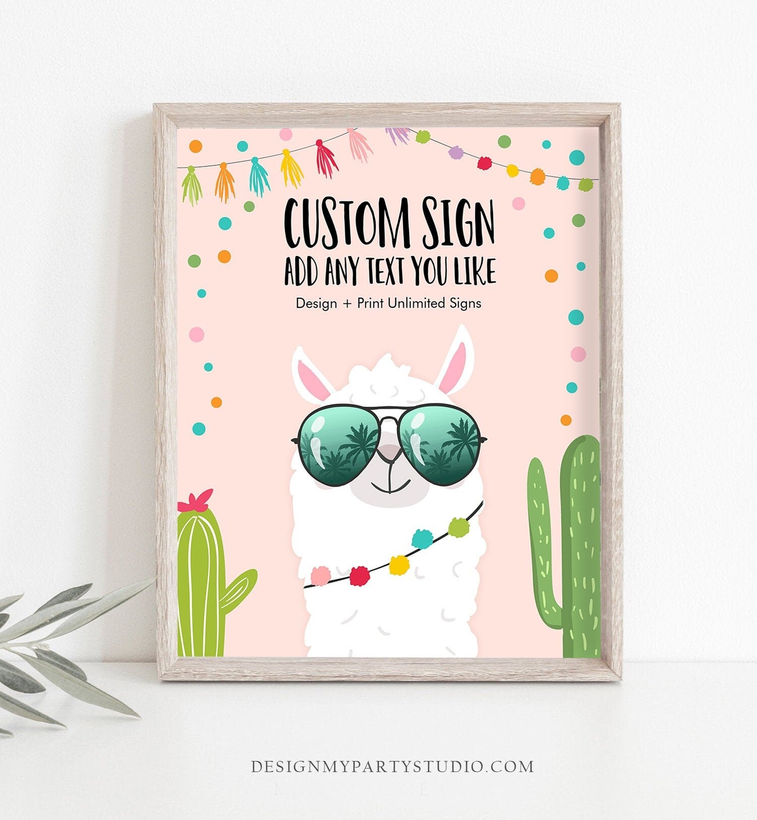 Editable Custom Sign Llama Sign Birthday Party Table Sign Whole Llama Alpaca Sunglasses Baby Shower Fiesta Girl Pink Corjl Template 0079