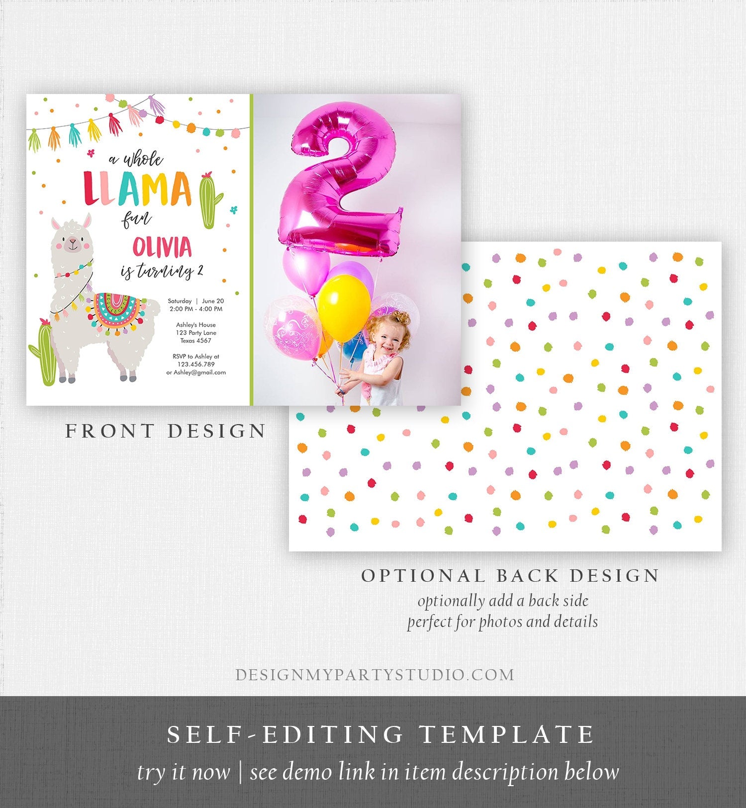 Editable Whole Llama Fun Birthday invitation Llama Cactus Girls Alpaca Fiesta Instant Download Printable Invitation Template Corjl 0079