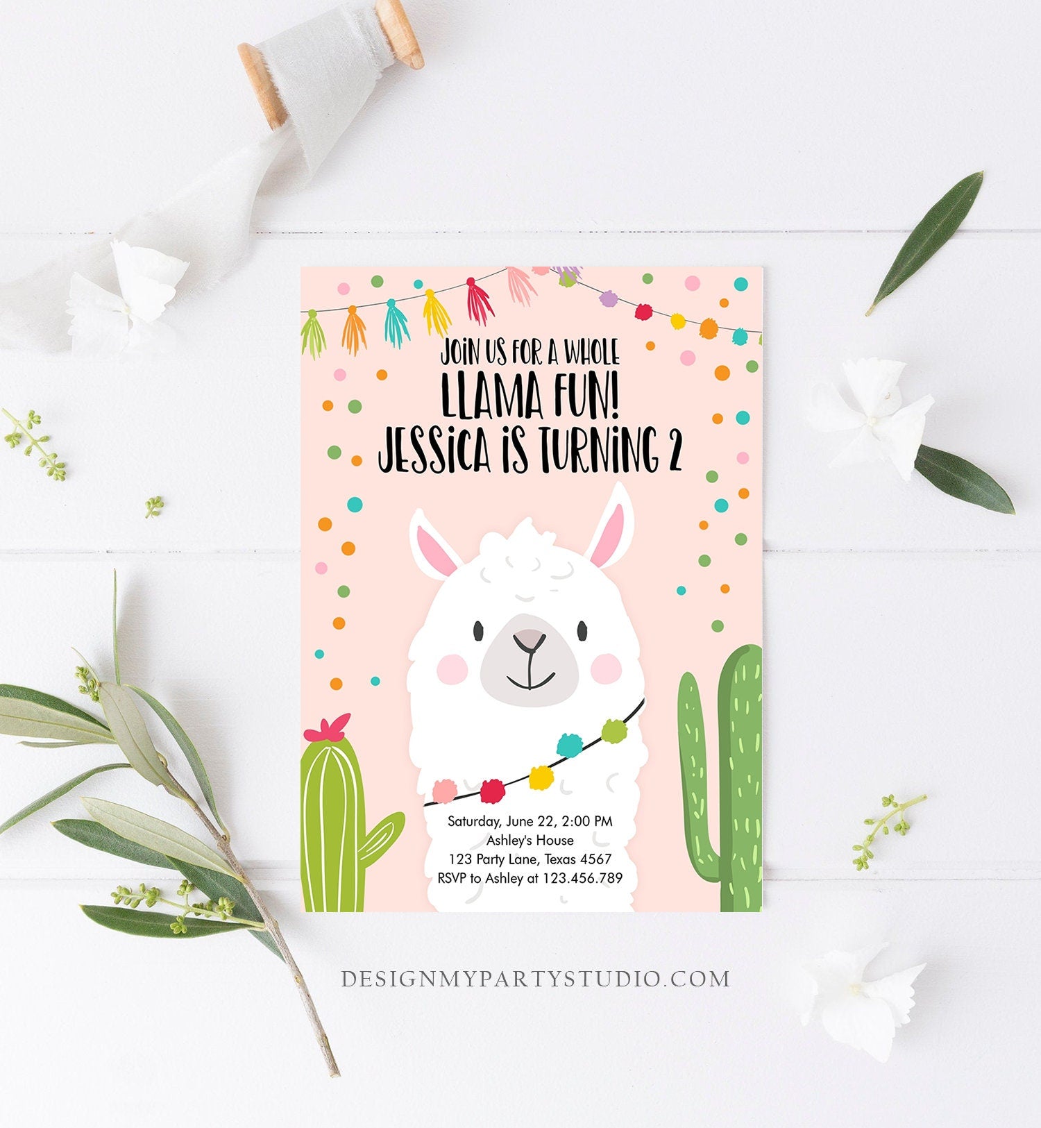 Editable Whole Llama Fun Birthday invitation Fiesta Llama Cactus Mexican Party Pink Confetti Girl Boy Alpaca Corjl Template Printable 0079
