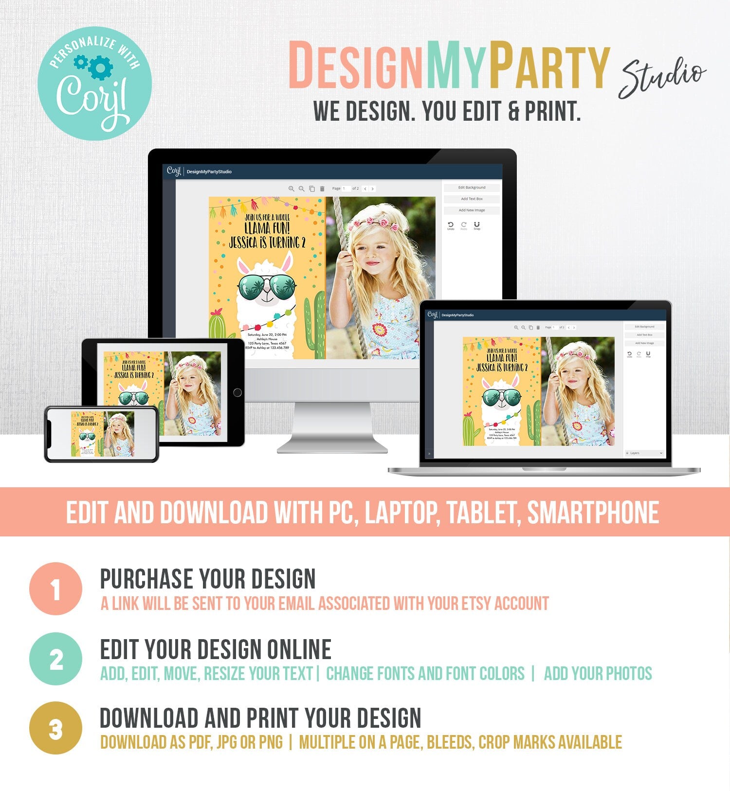 Editable Whole Llama Fun Birthday Invitation Llama Fiesta Cactus Confetti Girl Yellow Alpaca Photo Download Printable Template Corjl 0079