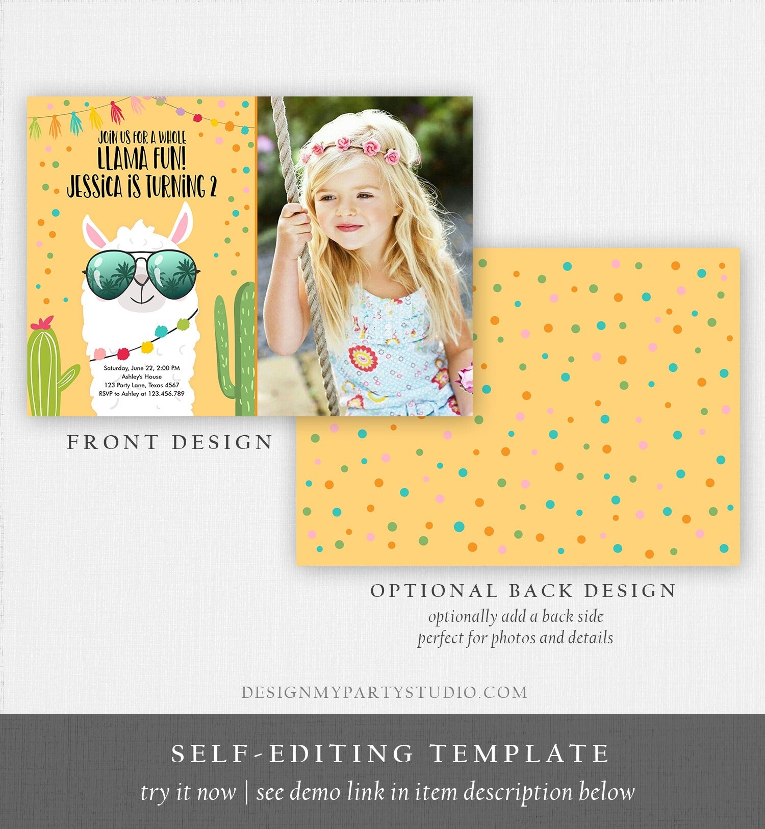 Editable Whole Llama Fun Birthday Invitation Llama Fiesta Cactus Confetti Girl Yellow Alpaca Photo Download Printable Template Corjl 0079