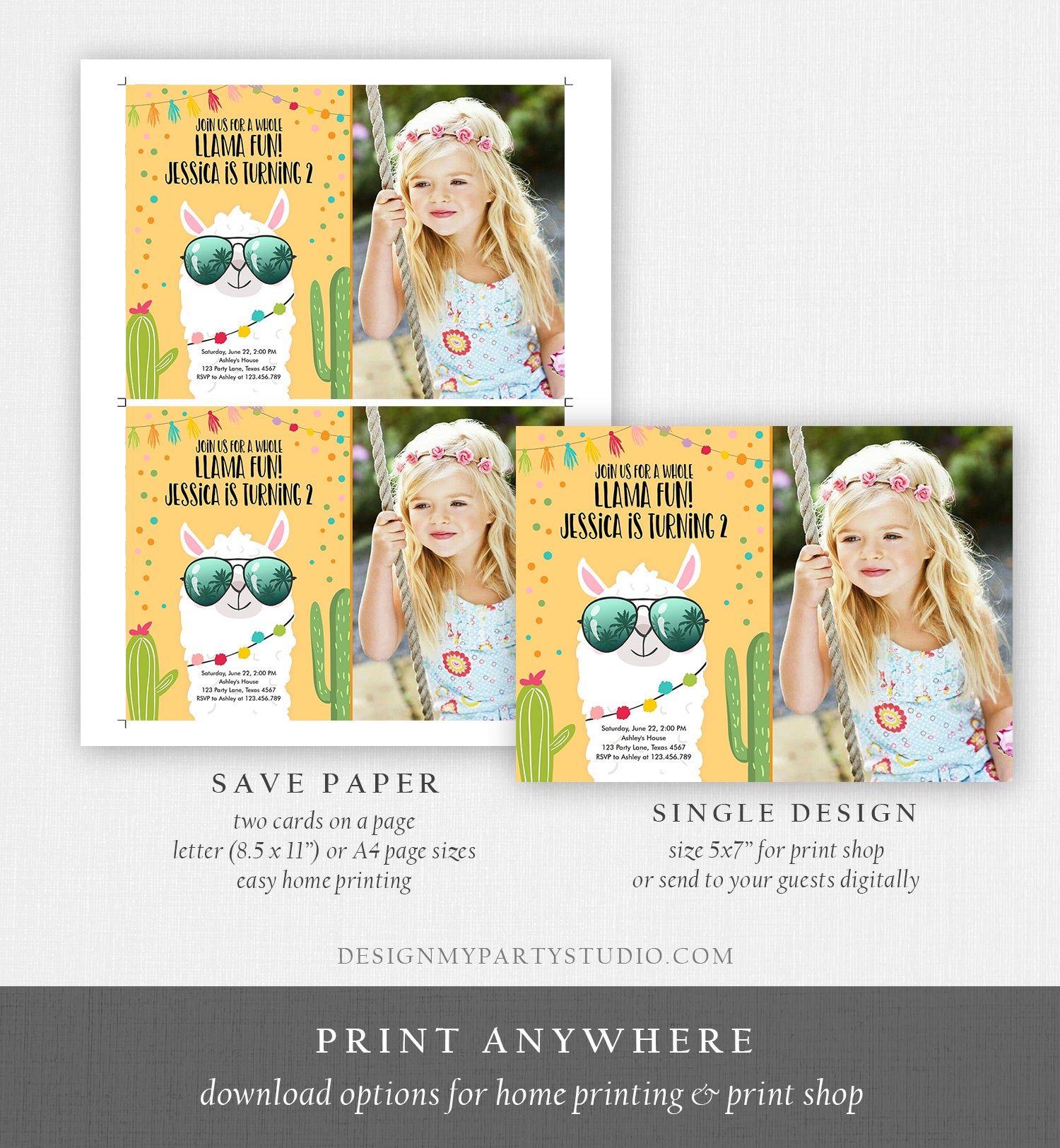 Editable Whole Llama Fun Birthday Invitation Llama Fiesta Cactus Confetti Girl Yellow Alpaca Photo Download Printable Template Corjl 0079