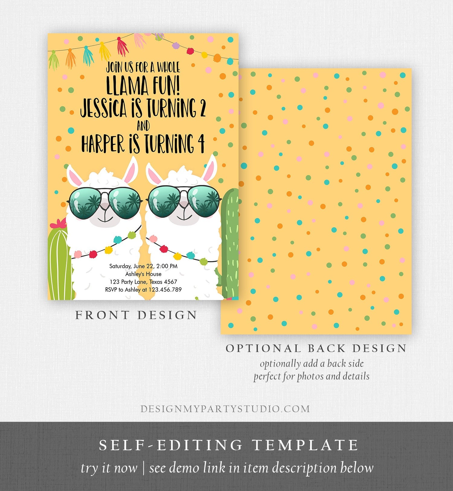Editable Whole Llama Fun Birthday Invitation Joined Coed Twin Twins Llamas Fiesta Cactus Confetti Girl Boy Yellow Alpaca Template Corjl 0079