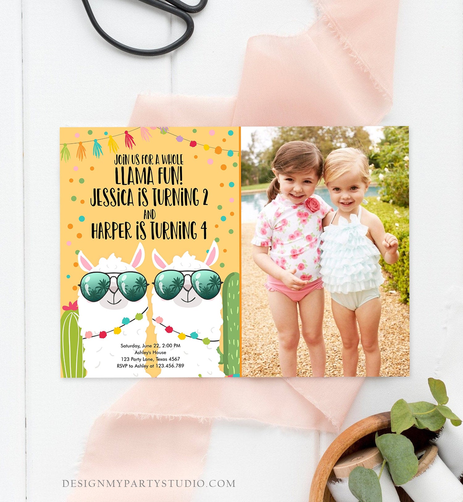 Editable Whole Llama Fun Birthday Invitation Joined Coed Twin Twins Llamas Fiesta Cactus Confetti Girl Yellow Alpaca Template Corjl 0079