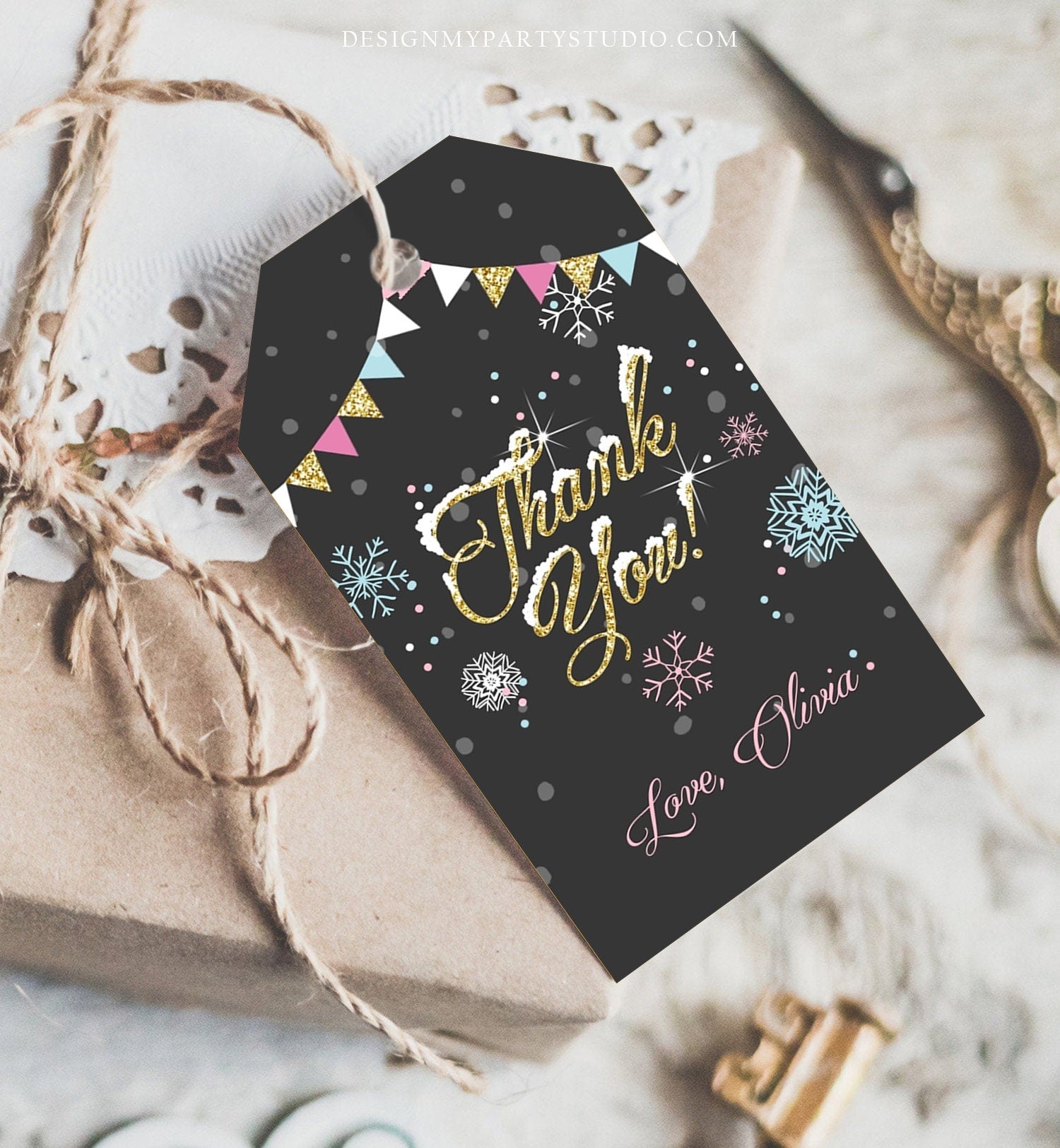 Editable Winter Thank you Tags Pink Gold Snowflakes Snow Winter Onederland Birthday Girl Thank you Baby Shower Template PRINTABLE Corjl 0034