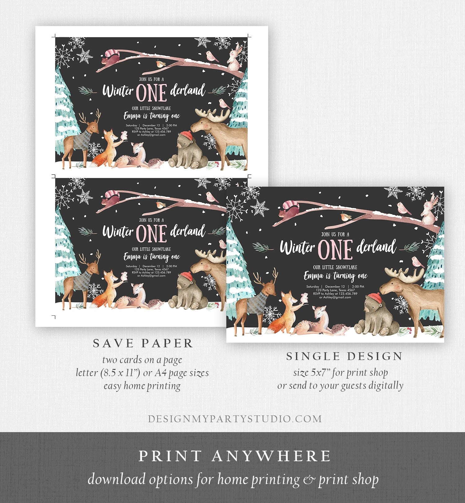 Editable ANY AGE Winter ONEderland Birthday Invitation First Birthday Snowflake Girl Pink Woodland Animals Printable Template Corjl 0195