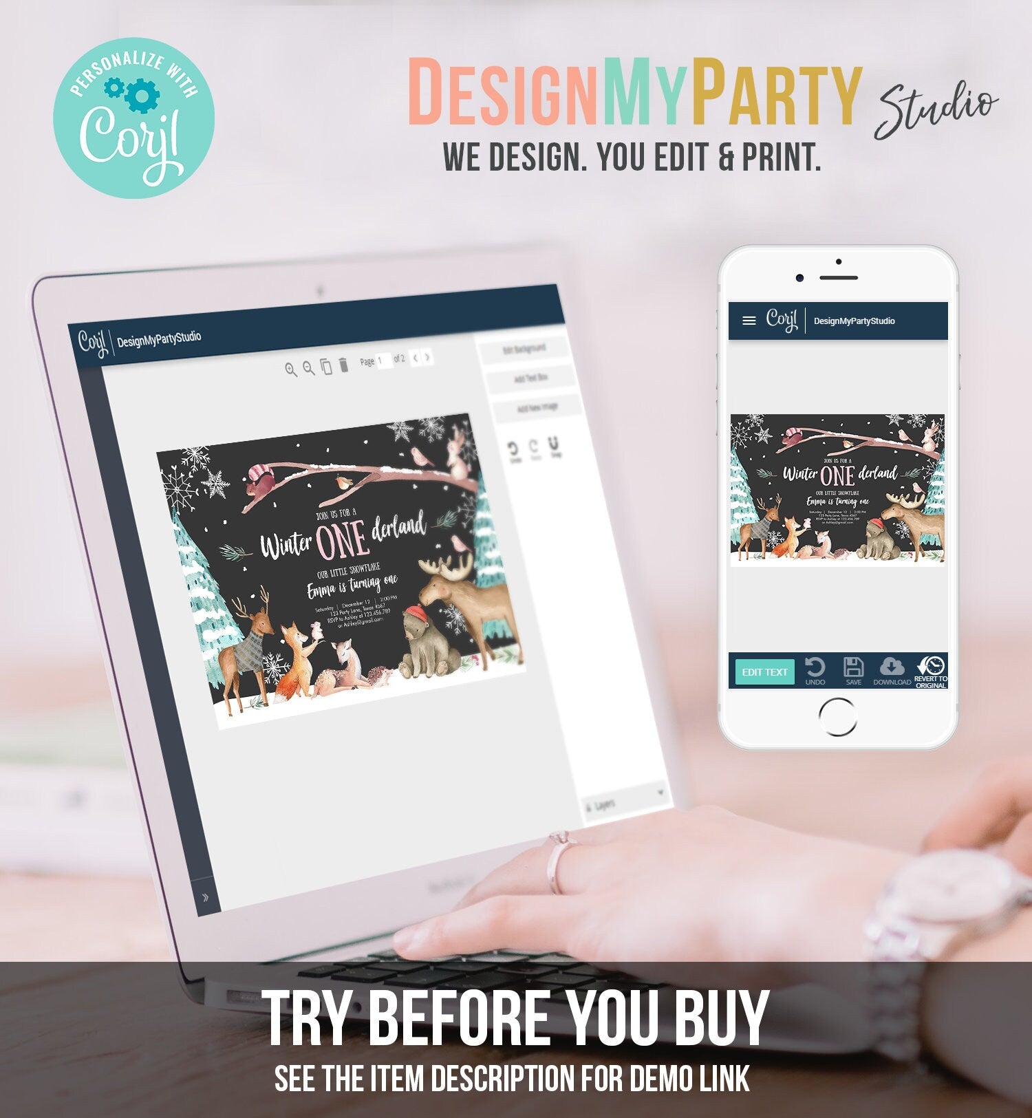 Editable ANY AGE Winter ONEderland Birthday Invitation First Birthday Snowflake Girl Pink Woodland Animals Printable Template Corjl 0195