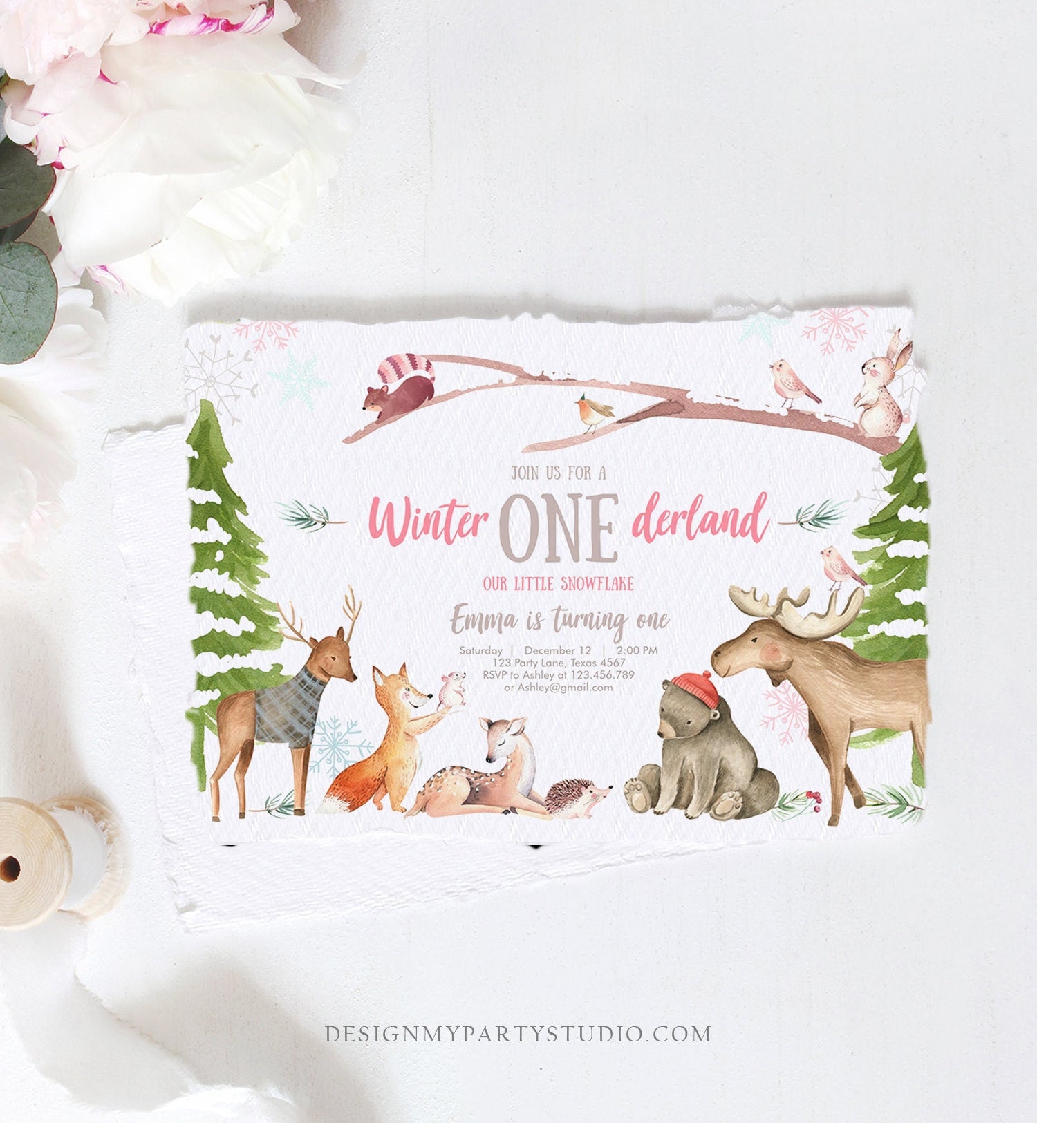 Editable ANY AGE Winter ONEderland Birthday Invitation First Birthday Snowflake Girl Pink Woodland Animals Printable Template Corjl 0195