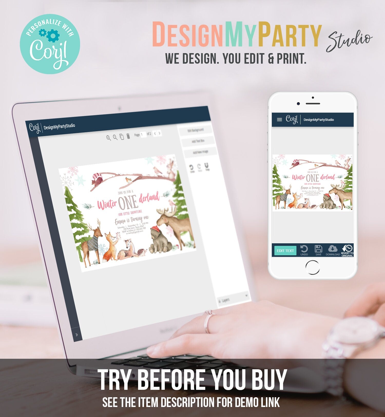 Editable ANY AGE Winter ONEderland Birthday Invitation First Birthday Snowflake Girl Pink Woodland Animals Printable Template Corjl 0195