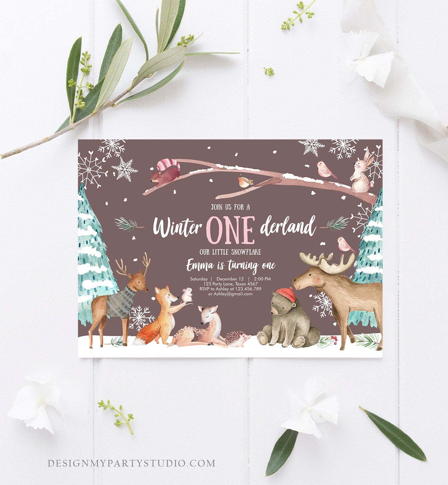 Editable ANY AGE Winter ONEderland Birthday Invitation First Birthday Snowflake Girl Pink Woodland Animals Printable Template Corjl 0195