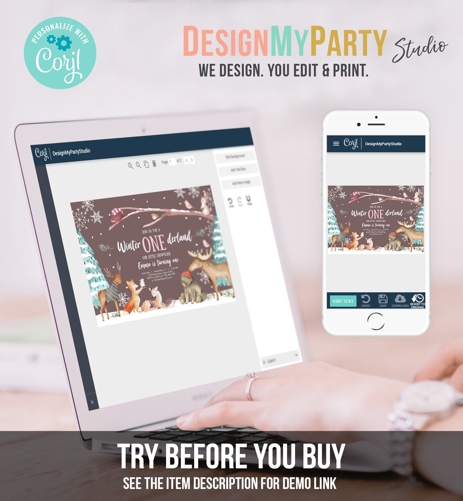 Editable ANY AGE Winter ONEderland Birthday Invitation First Birthday Snowflake Girl Pink Woodland Animals Printable Template Corjl 0195