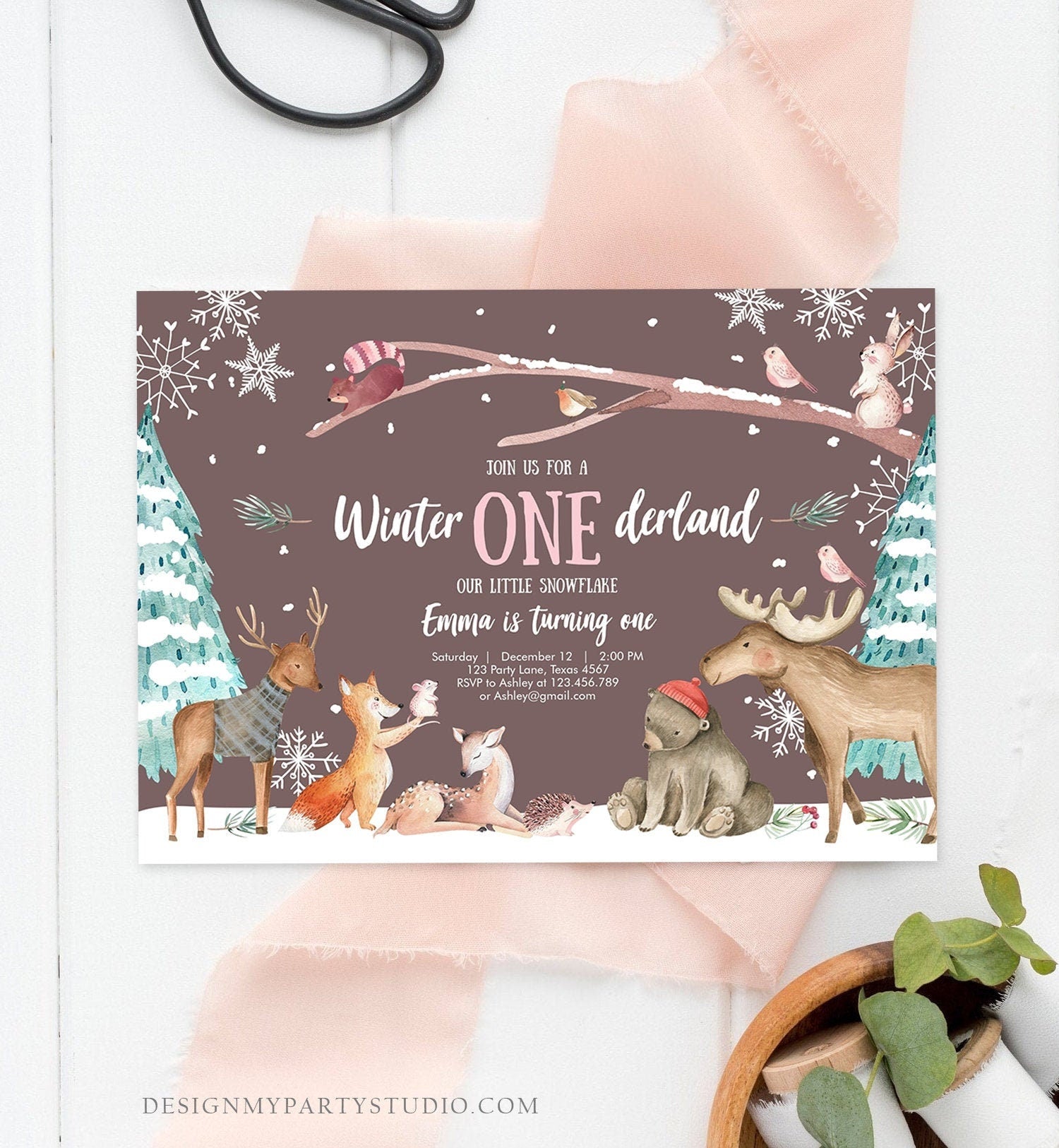 Editable ANY AGE Winter ONEderland Birthday Invitation First Birthday Snowflake Girl Pink Woodland Animals Printable Template Corjl 0195