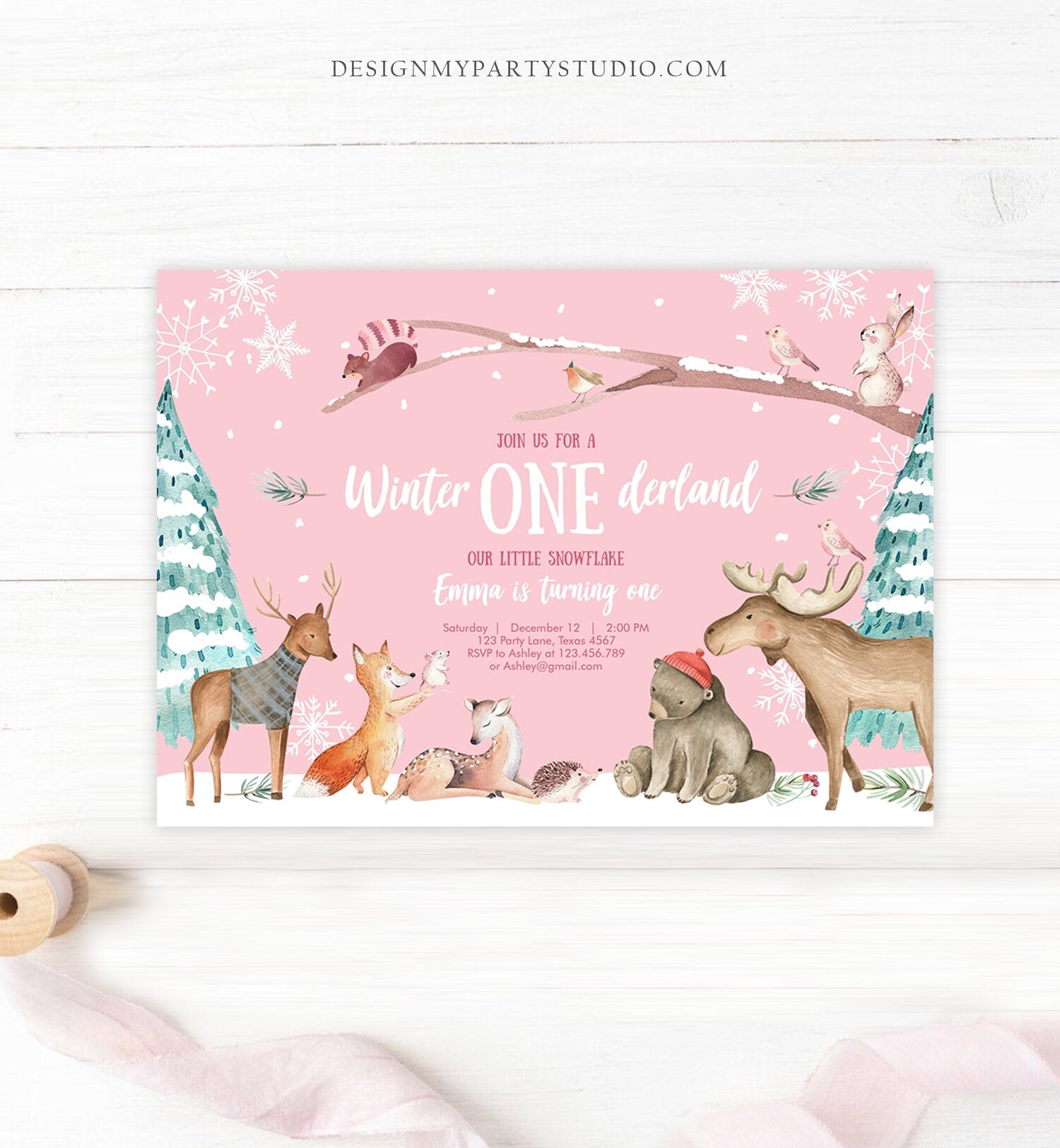 Editable ANY AGE Winter ONEderland Birthday Invitation First Birthday Snowflake Girl Pink Woodland Animals Printable Template Corjl 0195