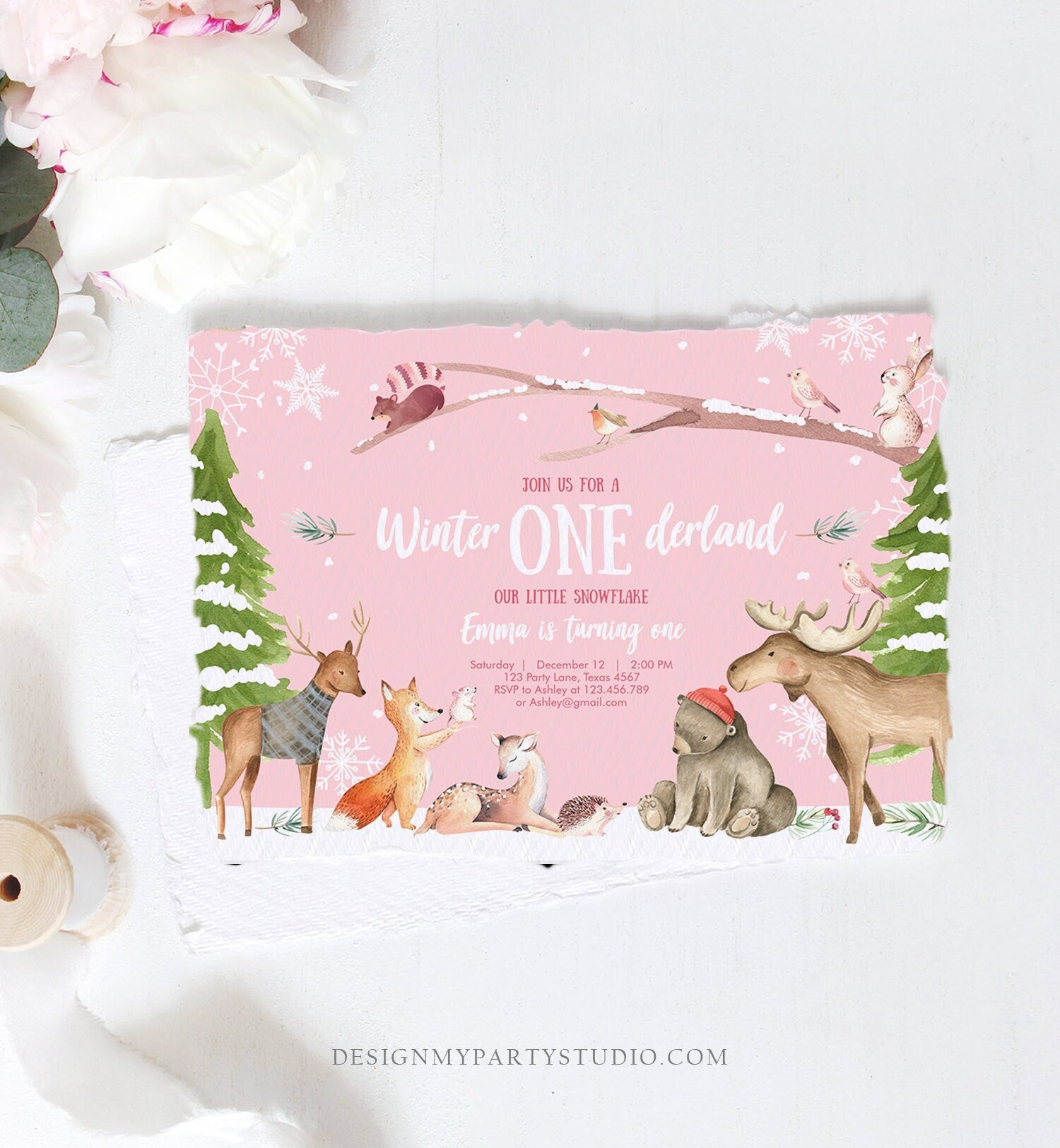 Editable ANY AGE Winter ONEderland Birthday Invitation First Birthday Snowflake Girl Pink Woodland Animals Printable Template Corjl 0195