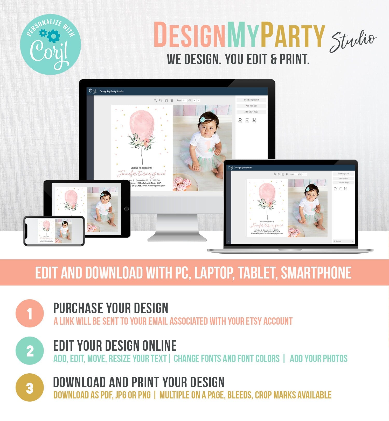 Editable First Birthday Invitation Pink Balloon Girl 1st Birthday Floral Balloon Pink Gold Confetti Download Printable Template Corjl 0221