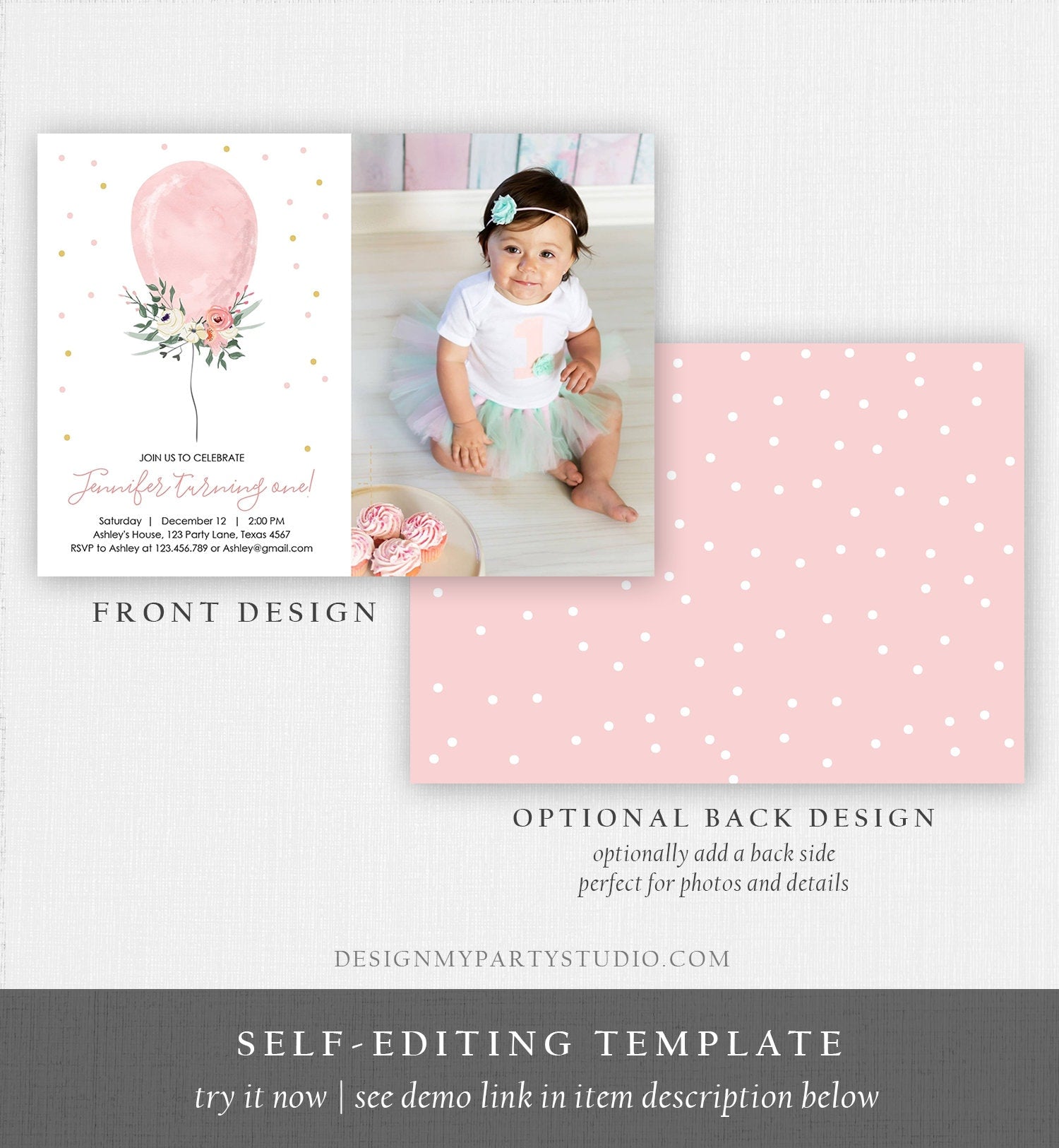 Editable First Birthday Invitation Pink Balloon Girl 1st Birthday Floral Balloon Pink Gold Confetti Download Printable Template Corjl 0221