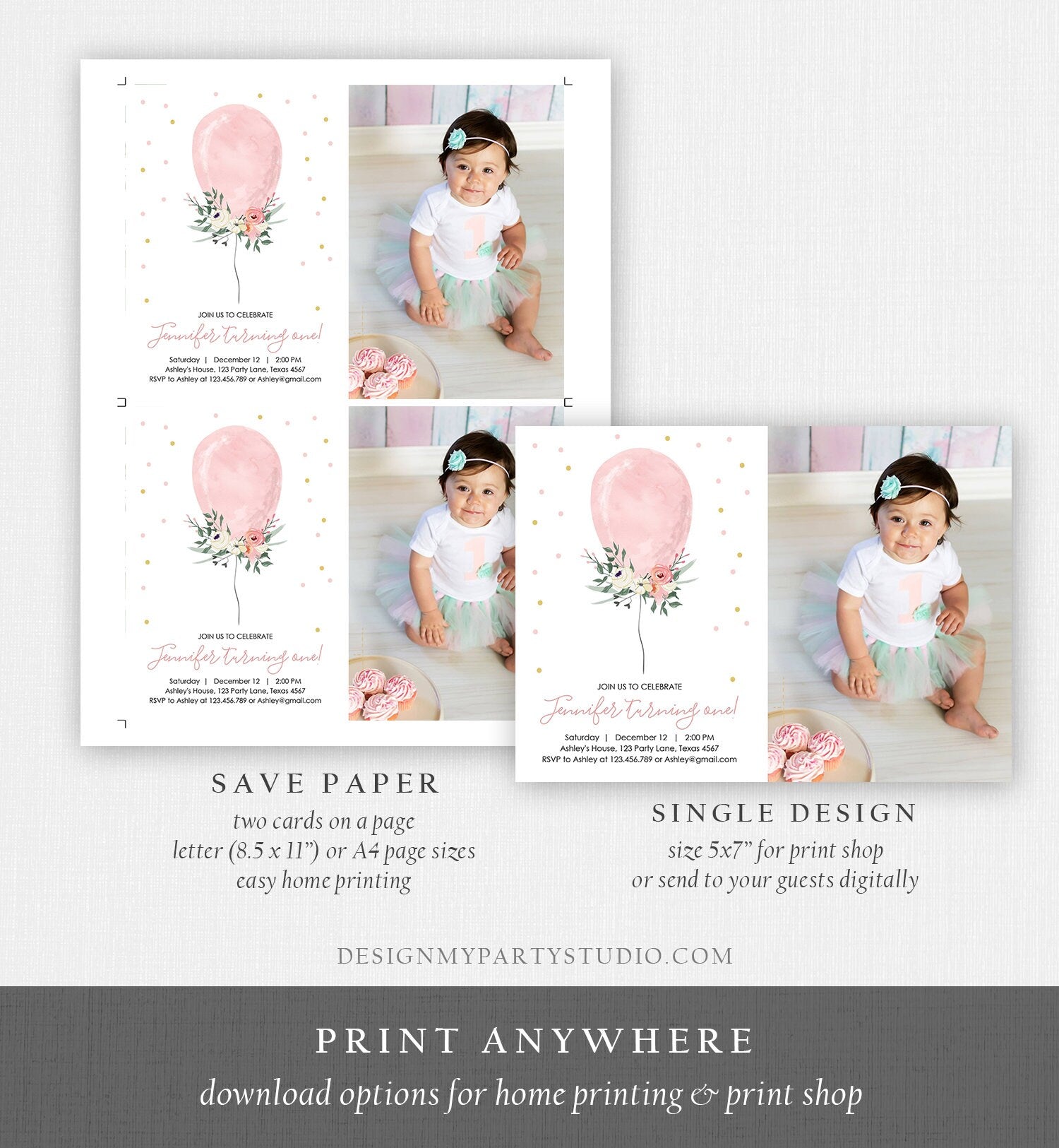 Editable First Birthday Invitation Pink Balloon Girl 1st Birthday Floral Balloon Pink Gold Confetti Download Printable Template Corjl 0221