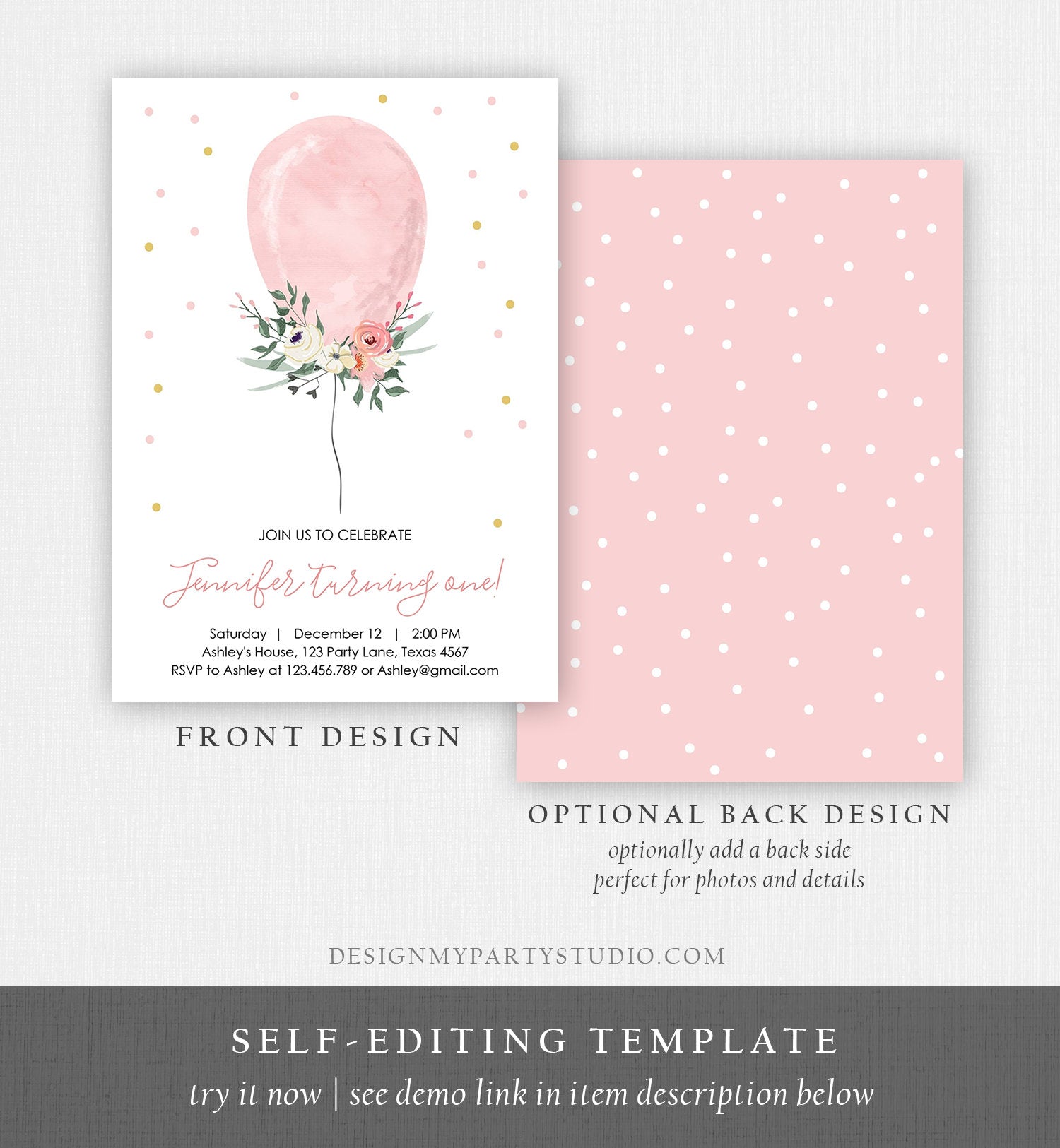 Editable First Birthday Invitation Pink Balloon Girl 1st Birthday Floral Balloon Pink Gold Confetti Download Printable Template Corjl 0221