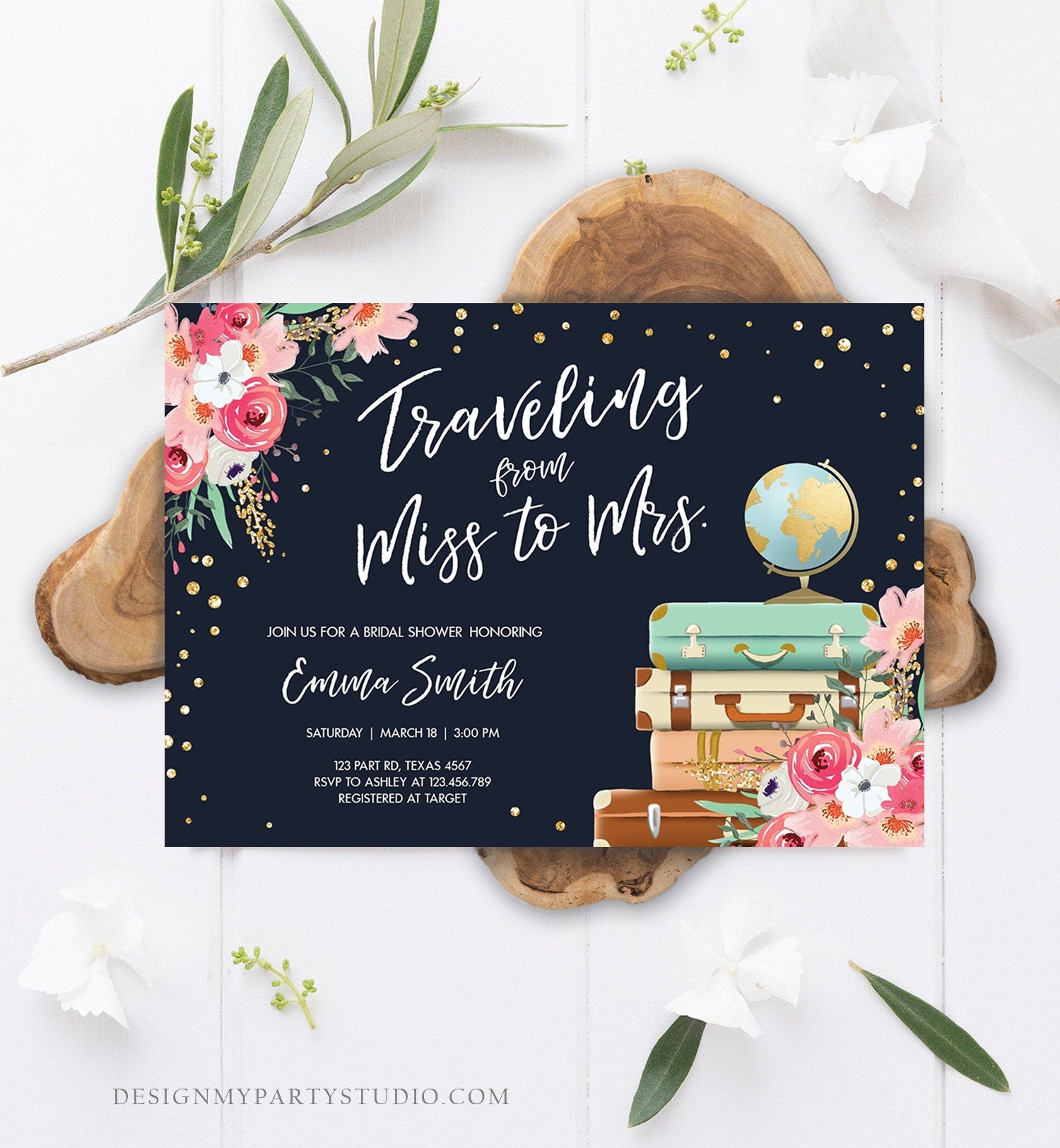 Editable Traveling from Miss to Mrs Bridal Shower Invitation Pink Floral Navy Gold Globe Suitcases Download Printable Corjl Template 0030