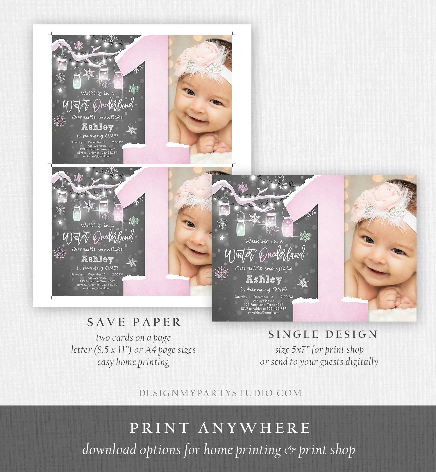 Editable Winter ONEderland Birthday Invitation First Birthday Snowflake Girl Pink Download Printable Invitation Template Corjl 0066