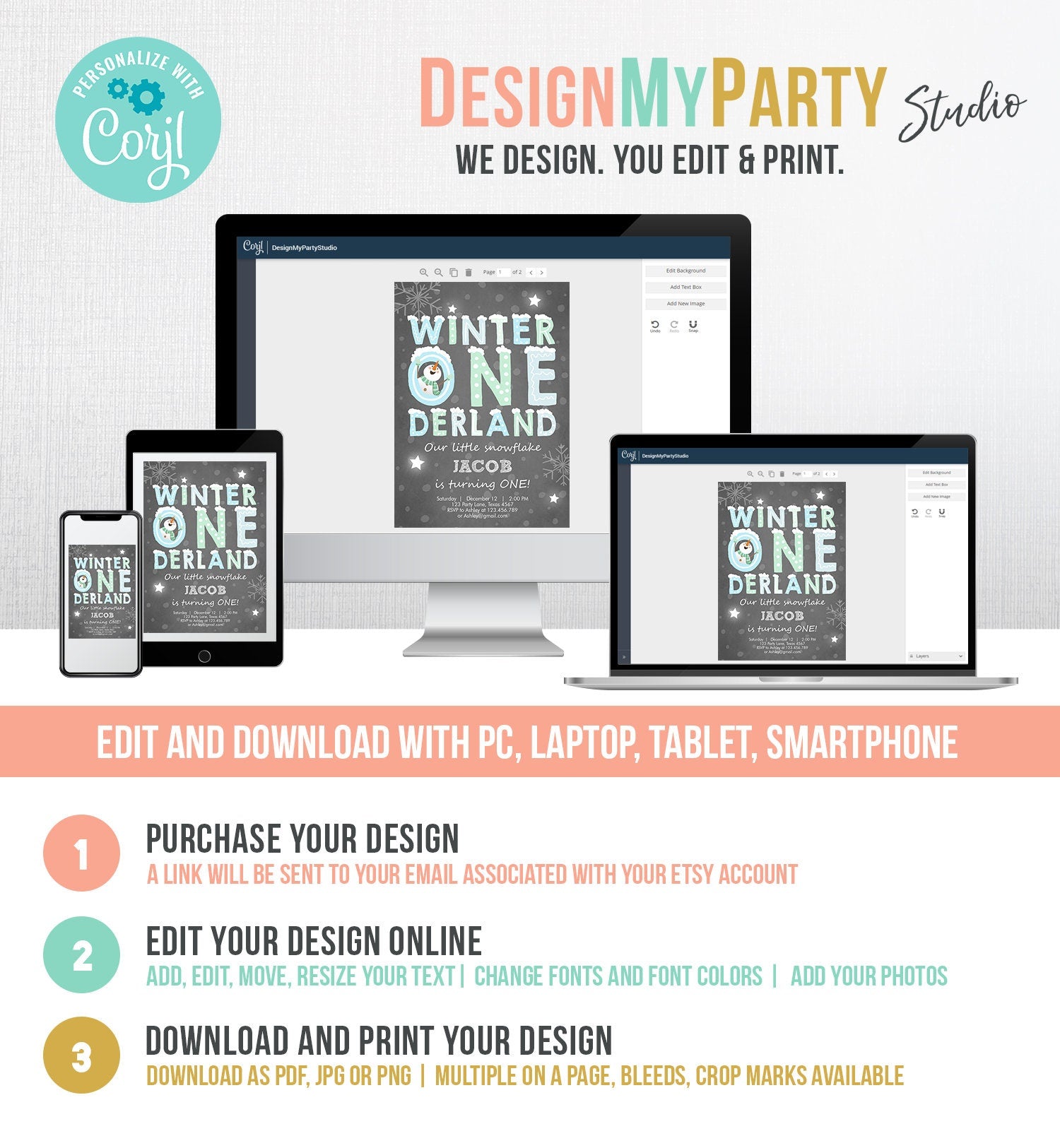 Editable Winter ONEderland Birthday Invitation First Birthday Snowman Boy Blue Download Printable Invitation Template Digital Corjl 0075