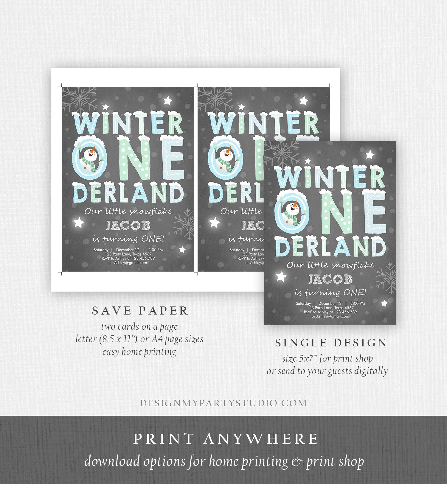 Editable Winter ONEderland Birthday Invitation First Birthday Snowman Boy Blue Download Printable Invitation Template Digital Corjl 0075