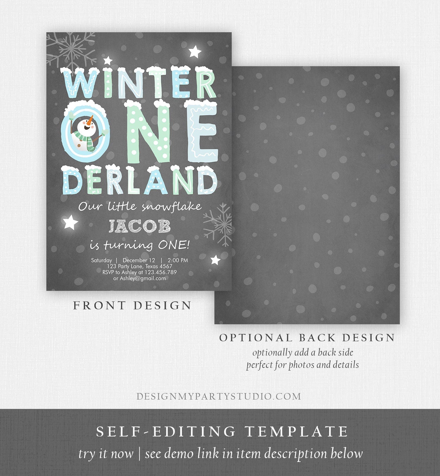 Editable Winter ONEderland Birthday Invitation First Birthday Snowman Boy Blue Download Printable Invitation Template Digital Corjl 0075