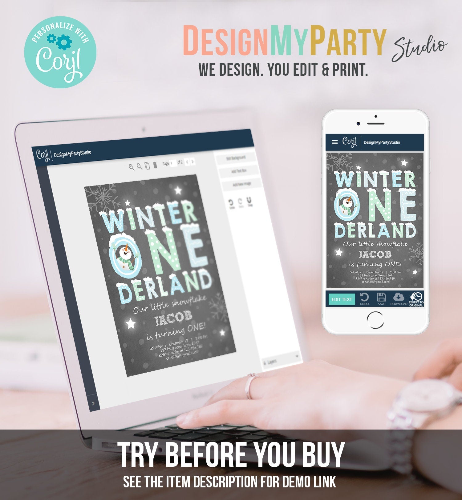 Editable Winter ONEderland Birthday Invitation First Birthday Snowman Boy Blue Download Printable Invitation Template Digital Corjl 0075