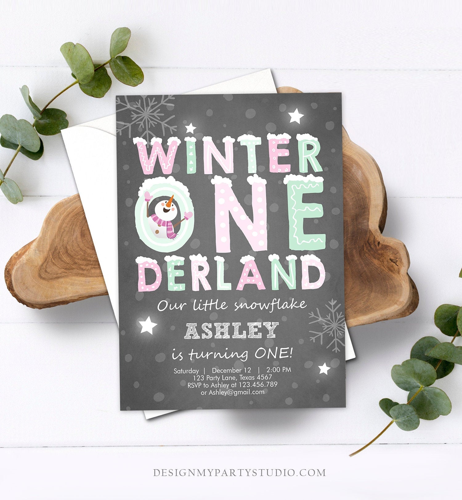 Editable Winter ONEderland Birthday Invitation First Birthday Snowman Girl Pink Mint Download Printable Invitation Template Corjl 0075