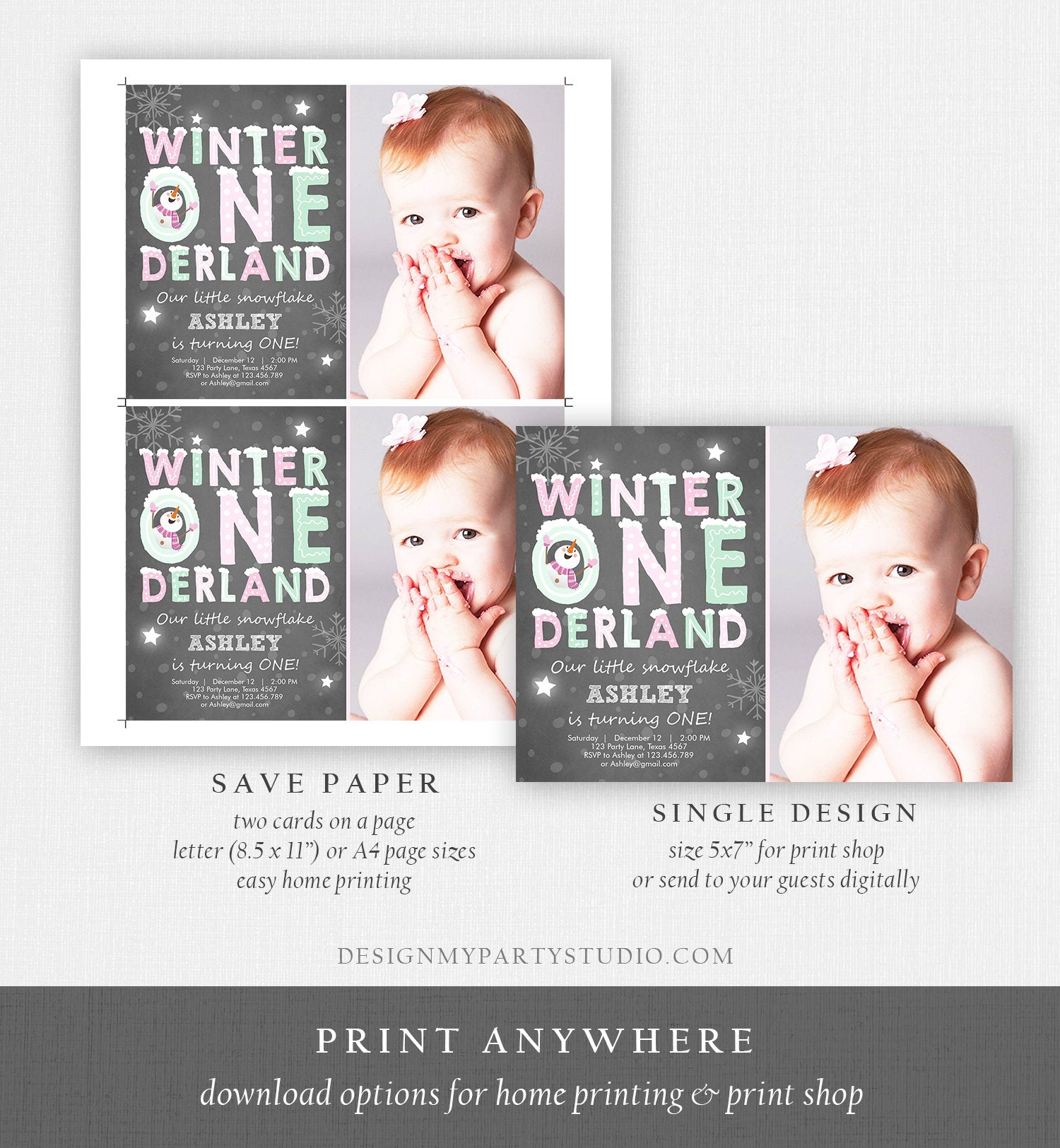 Editable Winter ONEderland Birthday Invitation First Birthday Snowman Girl Pink Mint Download Printable Invitation Template Corjl 0075