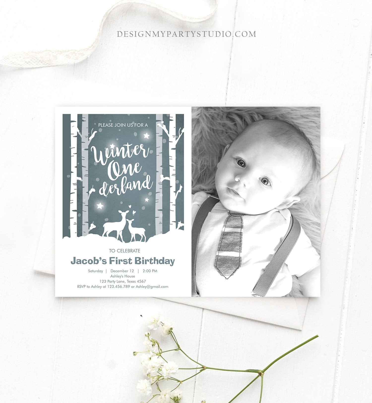 Editable Winter ONEderland Birthday Invitation Boy First Birthday Deer Trees Snowflakes Download Printable Invitation Template Corjl 0264