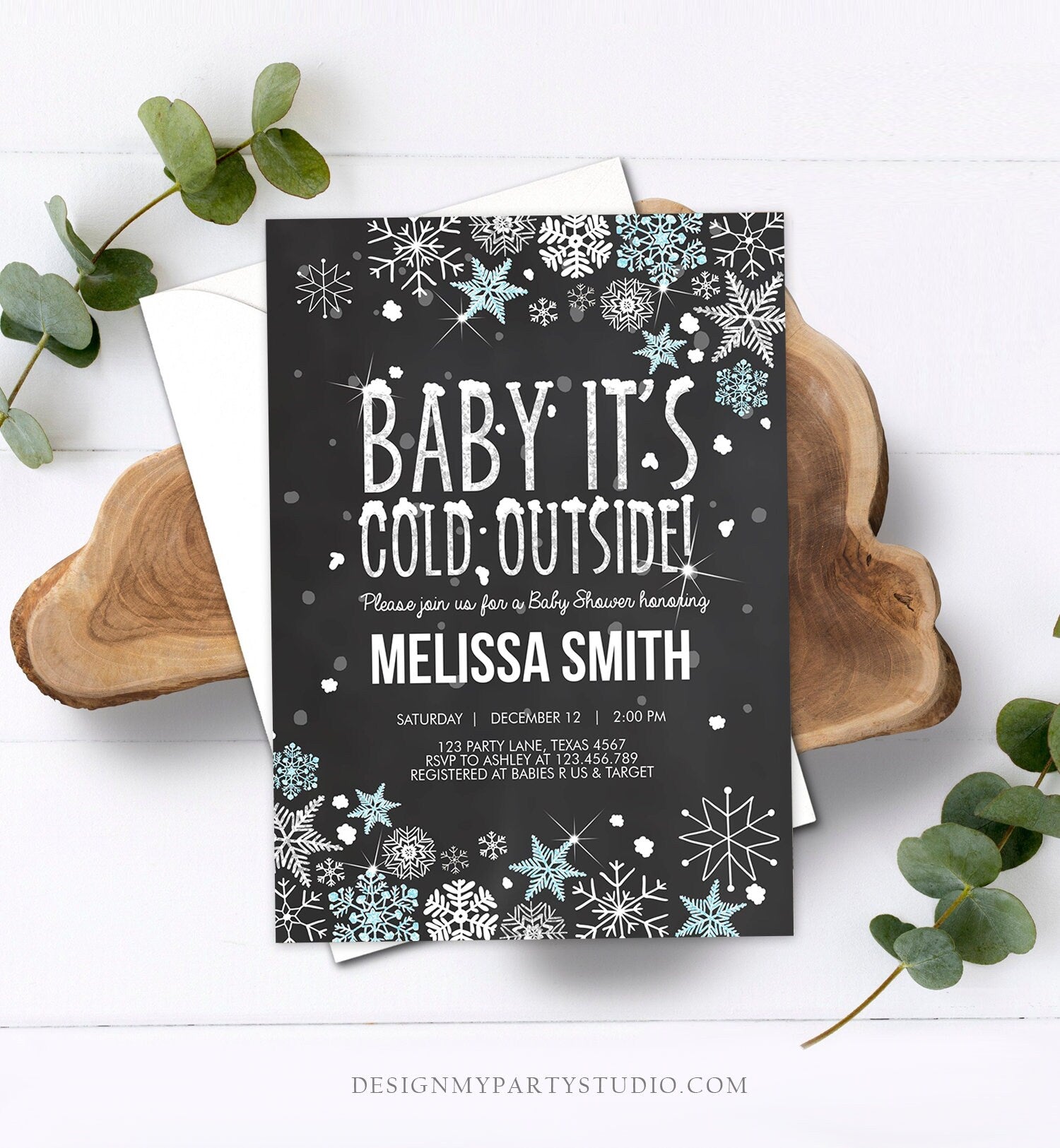 Editable Winter Baby Shower Invitation Baby Its Cold Outside Blue Silver Glitter Boy Winter Snow Template Download Digital Corjl 0033