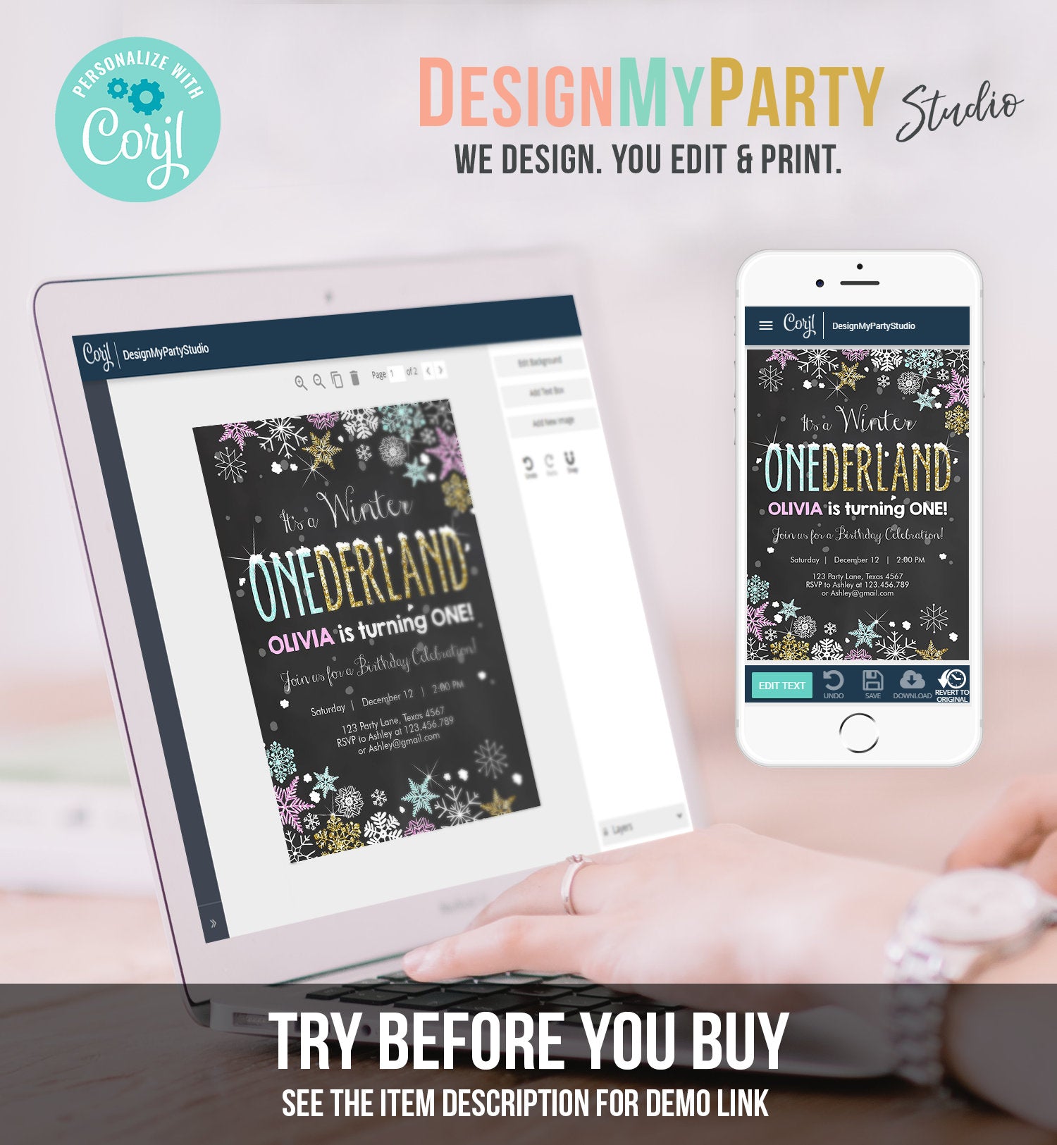 Editable Winter ONEderland Invitation Girl First Birthday Snowflake Pink Mint Gold Glitter Download Printable Invitation Template Corjl 0033