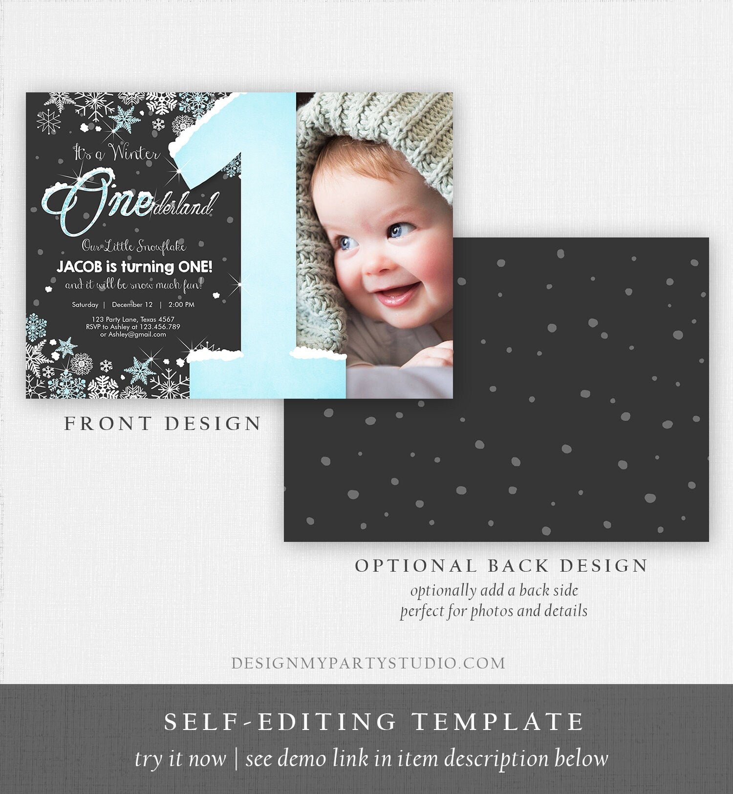 Editable Winter ONEderland Birthday Invitation First Birthday Snowflake Boy Blue Silver Download Printable Invite Template Corjl 0033