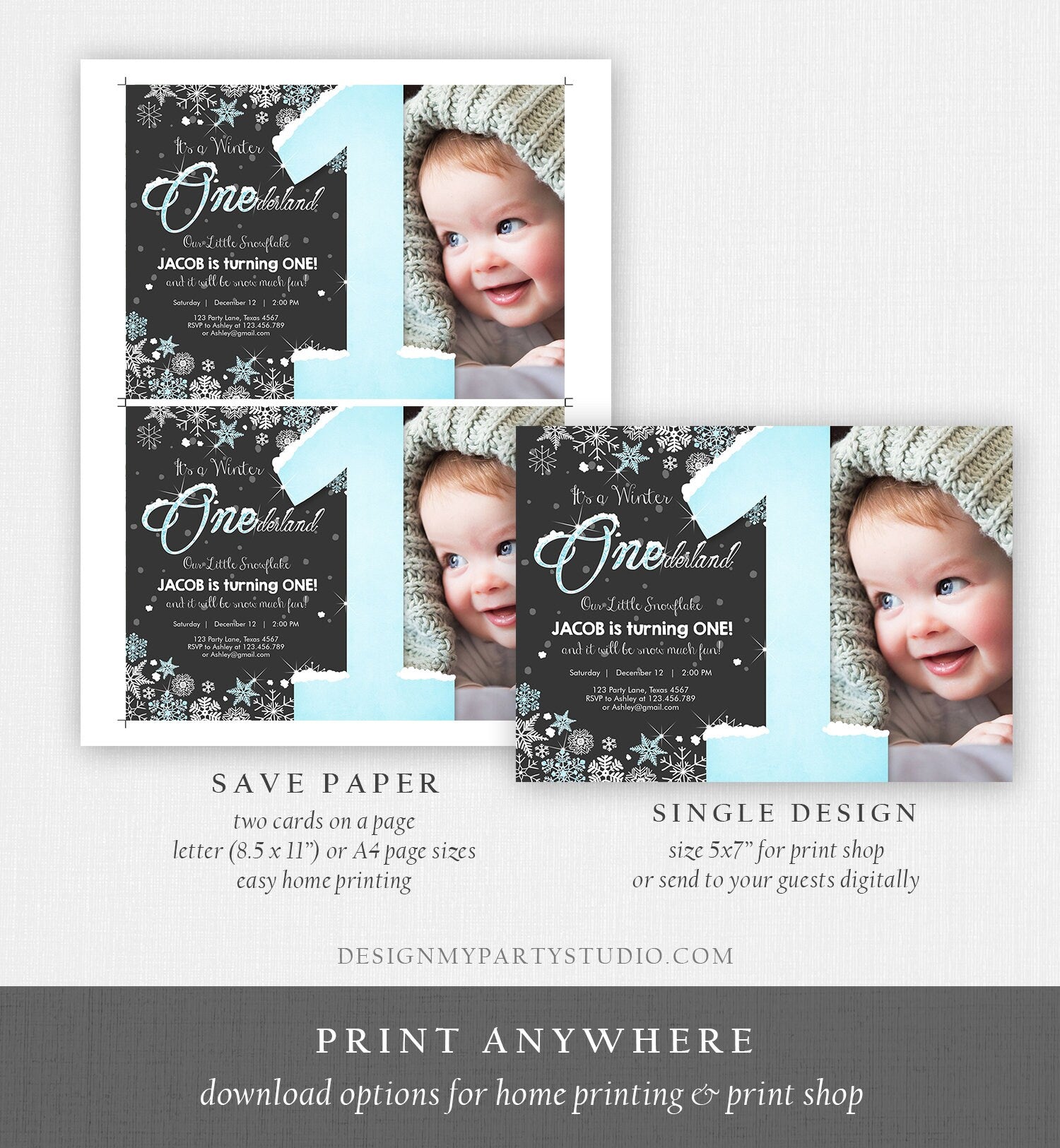 Editable Winter ONEderland Birthday Invitation First Birthday Snowflake Boy Blue Silver Download Printable Invite Template Corjl 0033