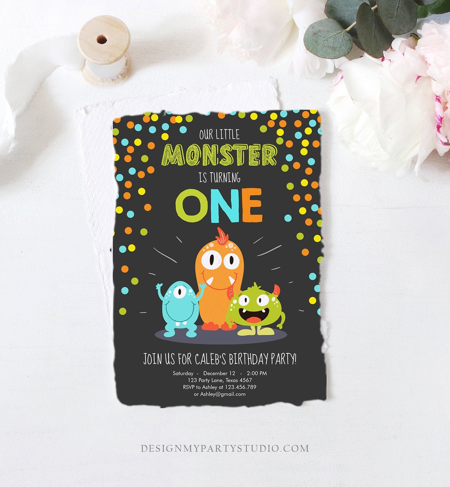 Editable Little Monster Birthday Invitation First Birthday Party Monsters Boy Confetti 1st Orange Blue Chalk Printable Corjl Template 0058