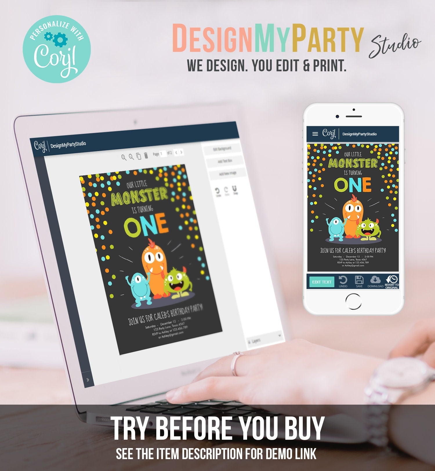 Editable Little Monster Birthday Invitation First Birthday Party Monsters Boy Confetti 1st Orange Blue Chalk Printable Corjl Template 0058