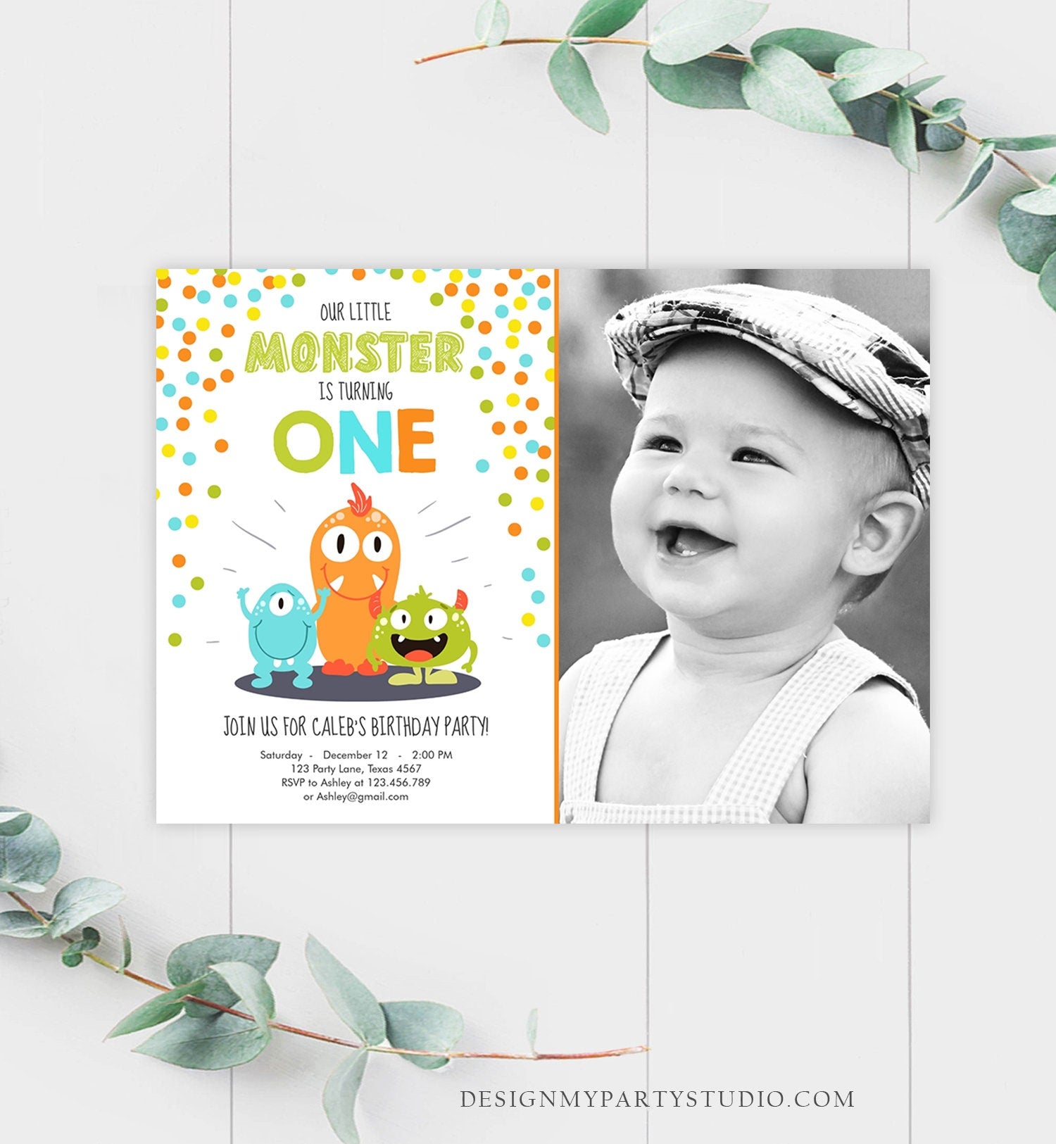 Editable Little Monster Birthday Invitation First Birthday Party Monsters Boy Confetti 1st Orange Blue Photo Printable Corjl Template 0058