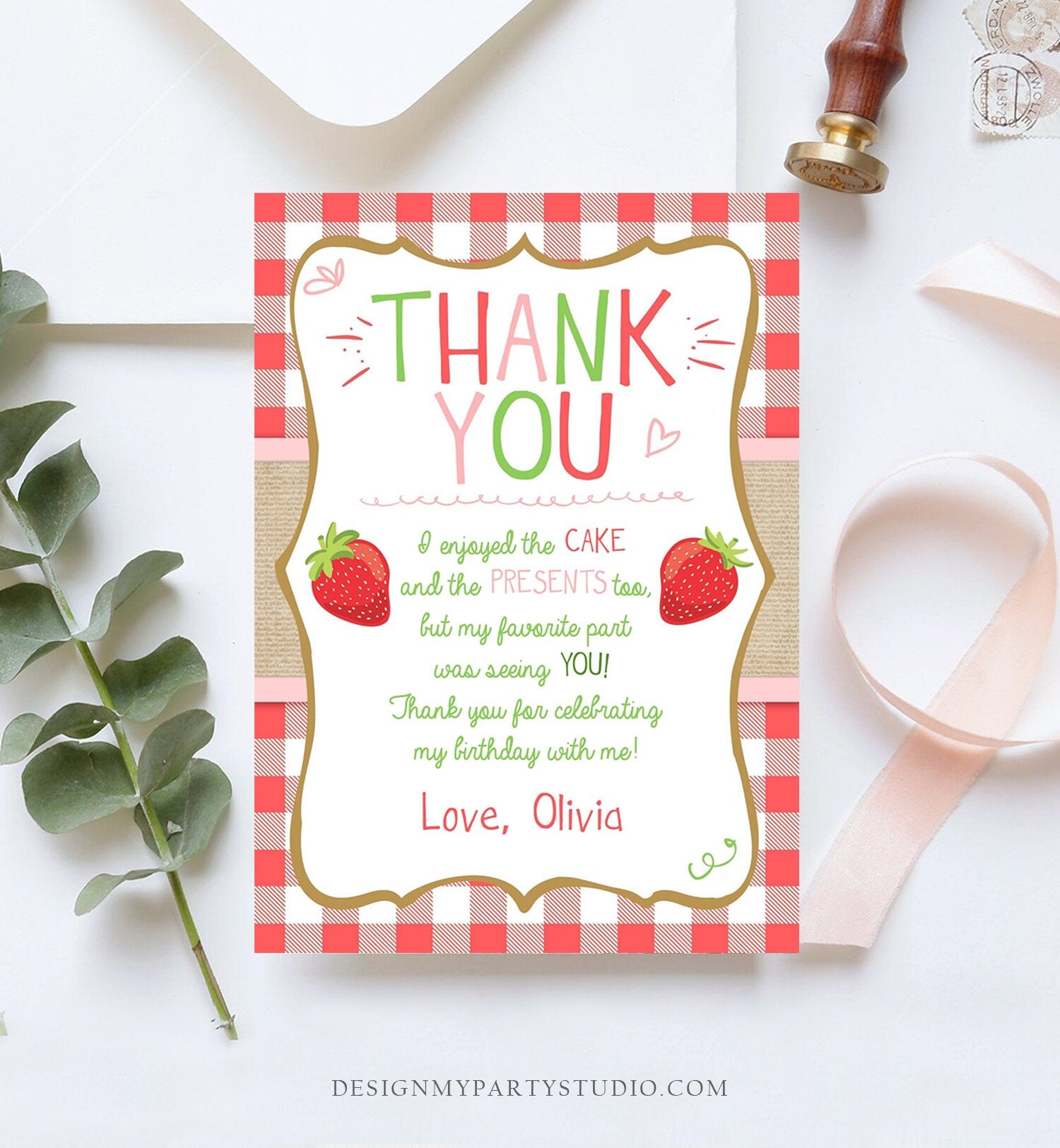Editable Strawberry Thank You Card Birthday Strawberry First Birthday Girl Summer Fruit Berry Sweet Download Printable Template Corjl 0091