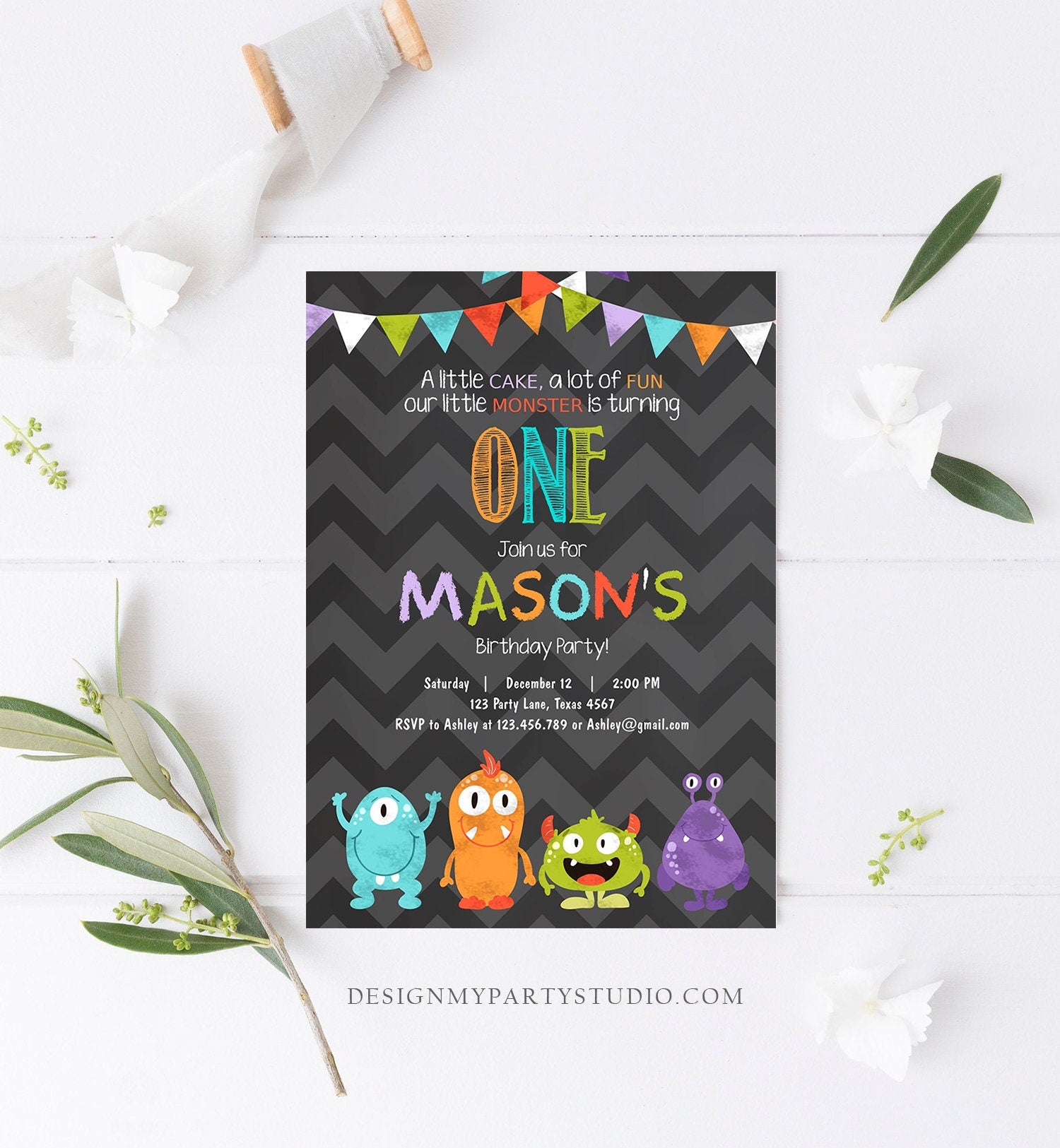 Editable Little Monster Birthday Invitation First Birthday Party Monsters Boy Confetti 1st Chalk Chevron Blue Printable Corjl Template 0058