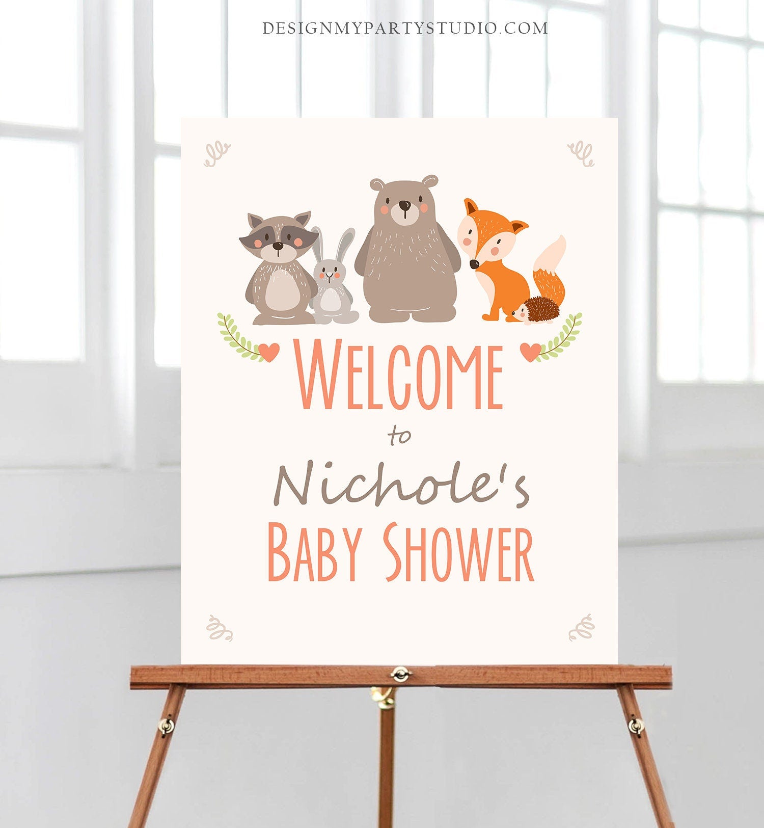 Editable Woodland Welcome Sign Woodland Baby Shower Welcome Sign Rustic Bear Fox Forest Animals Birthday Template PRINTABLE Corjl 0010