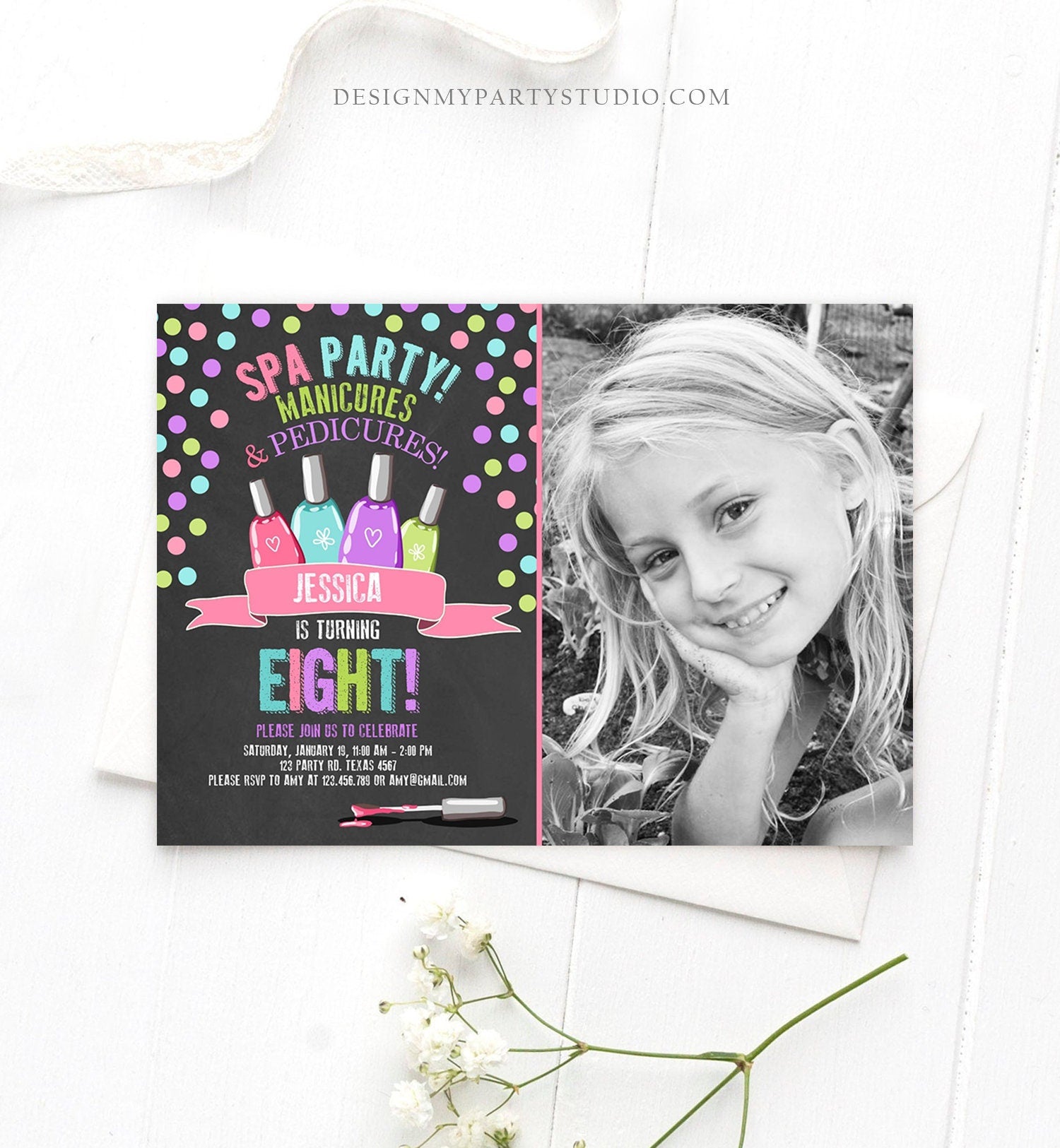 Editable Spa Birthday Invitation Manicures Pedicure Nail Salon Party Pink Purple Girl Instant Download Printable Corjl Template Digital 0210