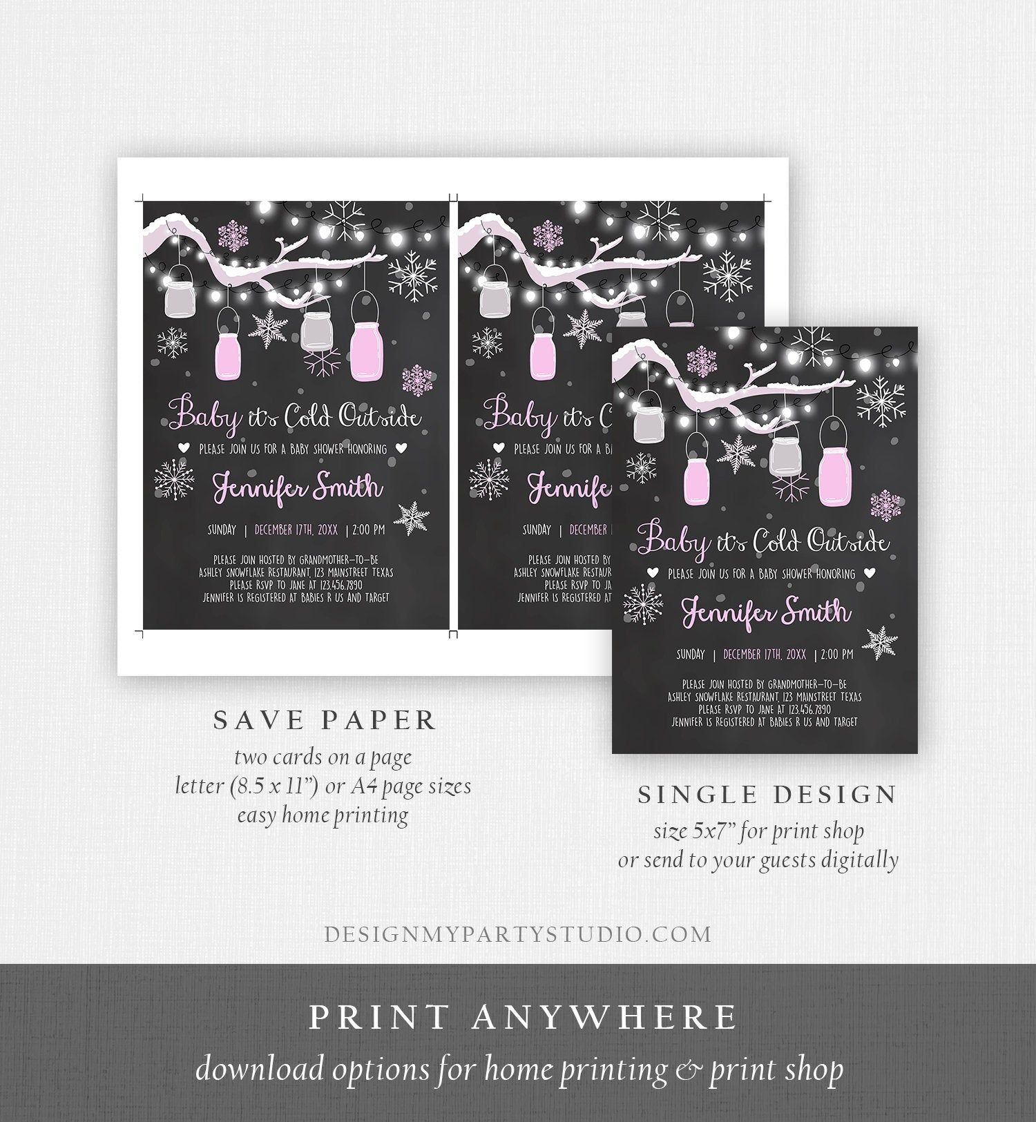 Editable Baby Its Cold Outside Baby Shower Invitation Mason Jars Pink Girl Shower Winter Snow Template Instant Download Digital Corjl 0012