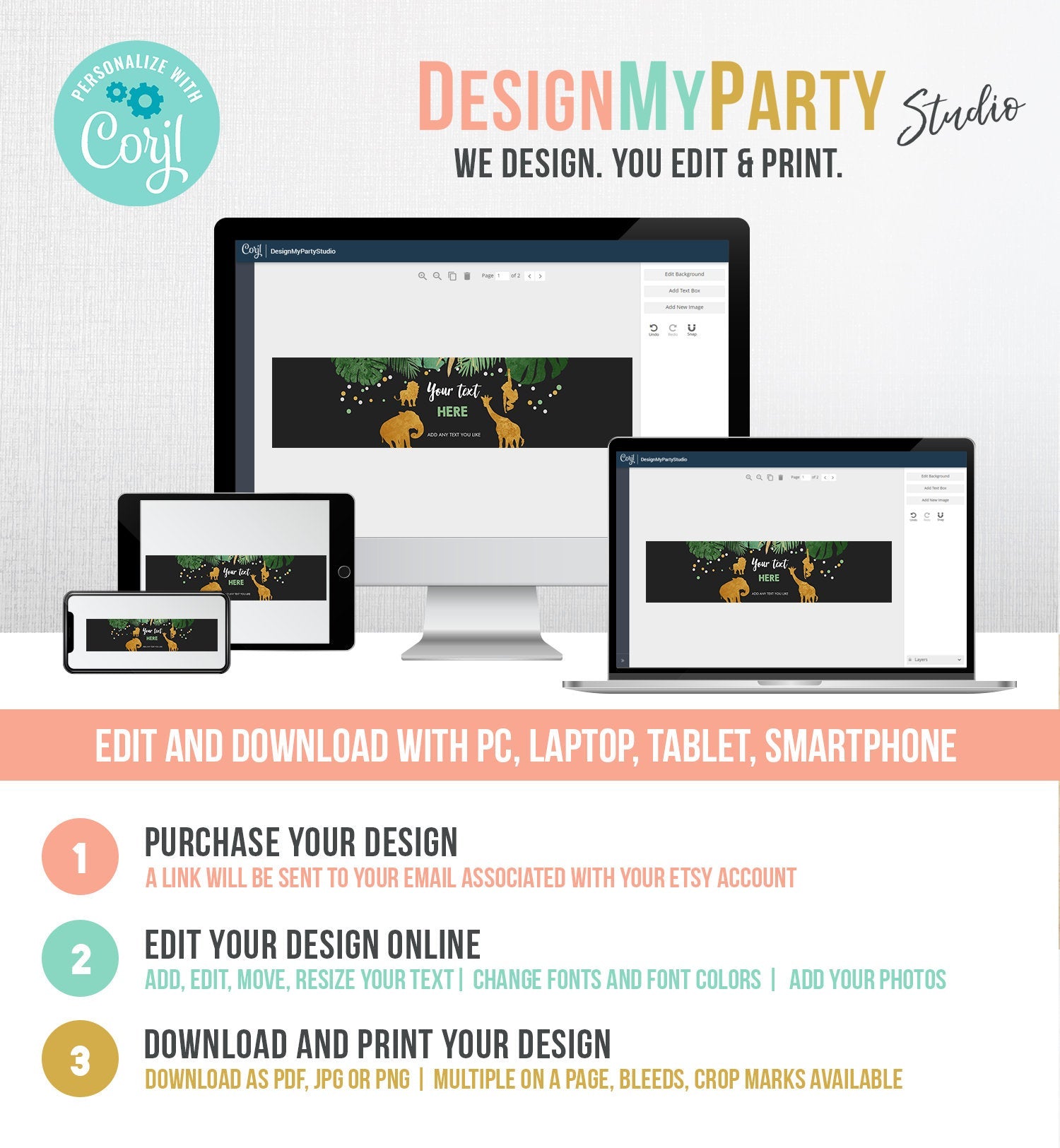 Editable Safari Animals Water Bottle Labels Birthday Wild One Decor Jungle Zoo Animals Boy Gold Green Labels Tropical Corjl Template 0016