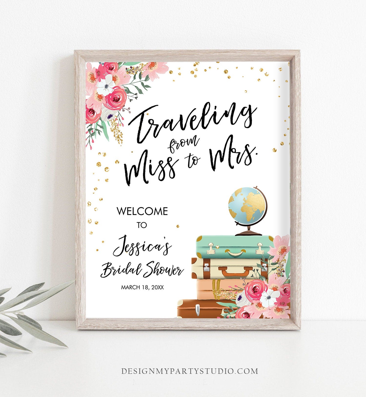 Editable Miss to Mrs Welcome Sign Bridal Shower Traveling From Miss to Mrs Adventure Love is a Journey Floral Pink Corjl Template 0030