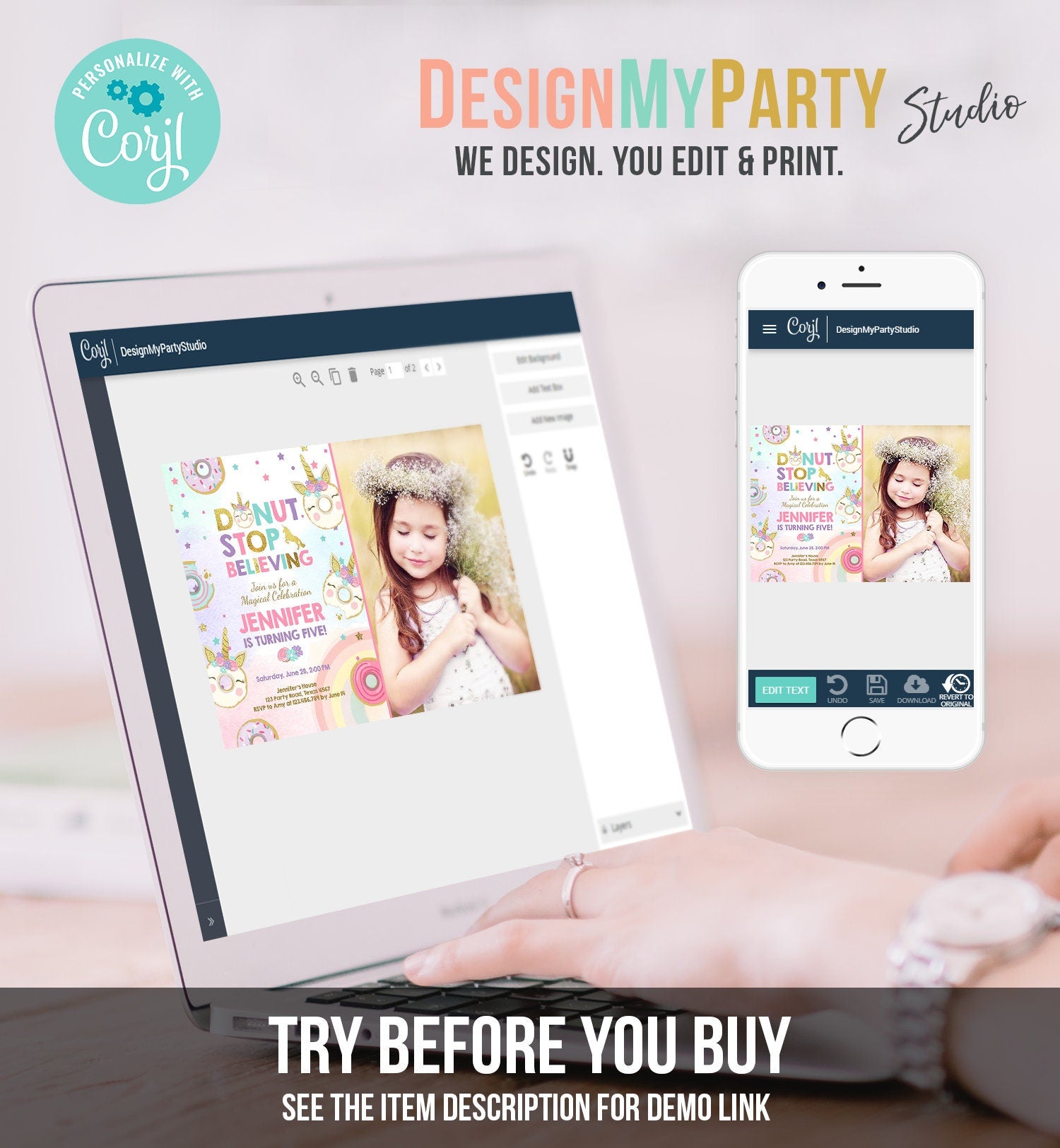 Editable Unicorn Donut Birthday Invitation Donut Stop Believing Magical Rainbow Girl Pink Purple Gold Glitter Printable Corjl Template 0041