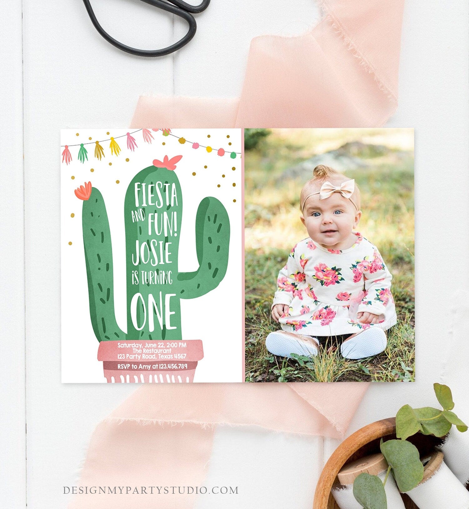 Editable Cactus Fiesta Birthday Invitation Girl Pink First Birthday Succulent 1st Mexican Fiesta and Fun Corjl Photo Template Printable 0255