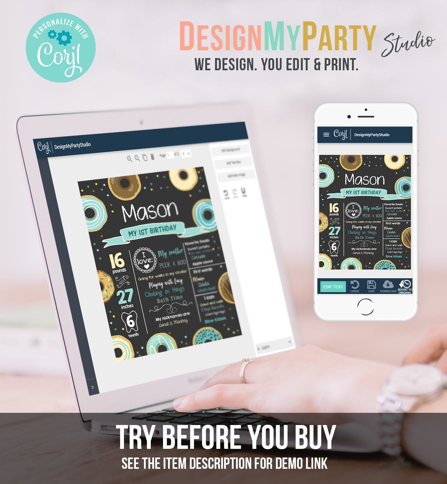 Editable Donut Birthday Milestones Sign Donut Birthday First Birthday 1st Birthday Boy Blue Instant Download Template Printable Corjl 0050