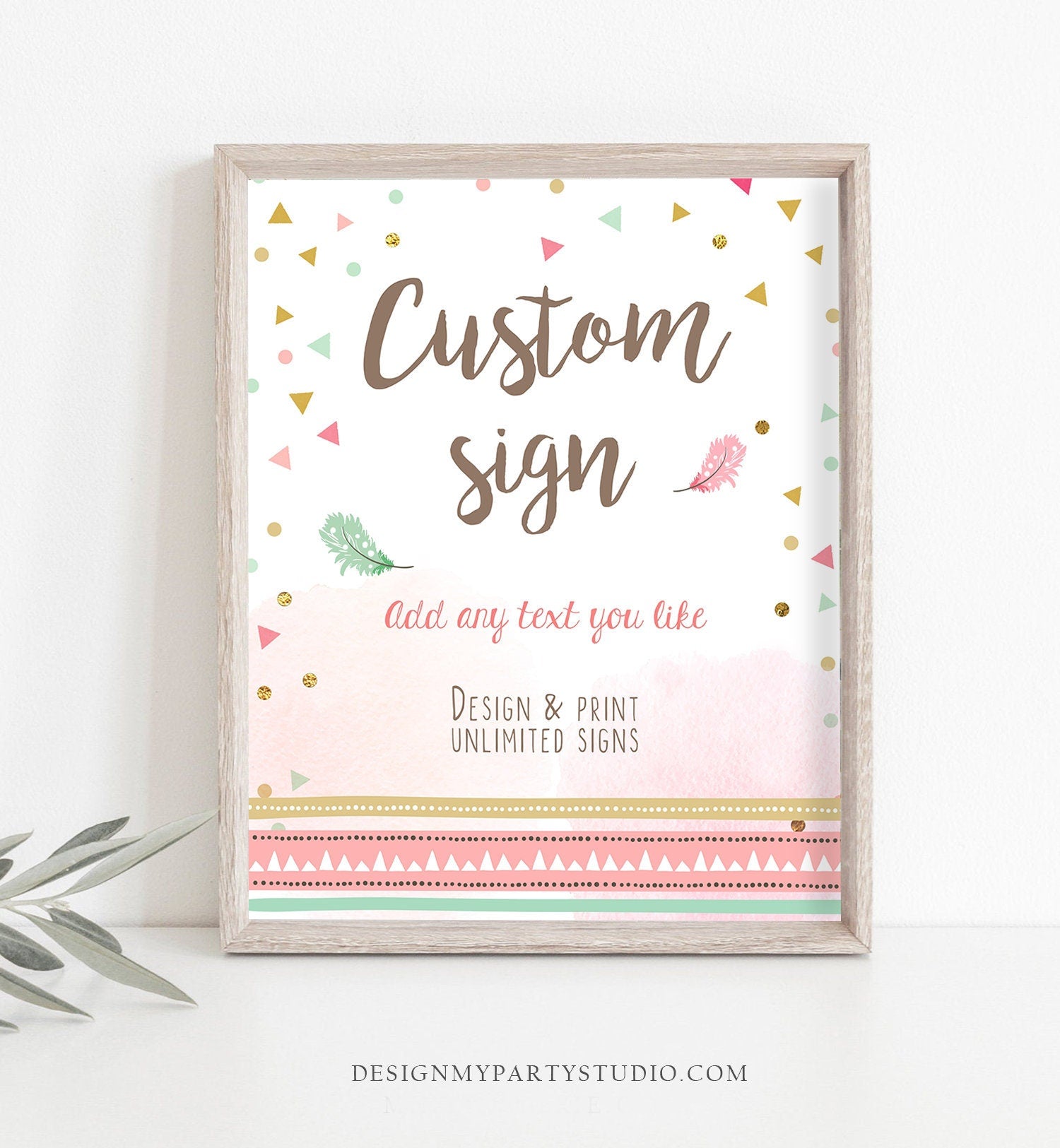 Editable Custom Sign Wild One Sign Birthday Decor Pink and Gold Girl Boho Feathers Tribal Table Sign Decor 8x10 PRINTABLE Corjl 0073