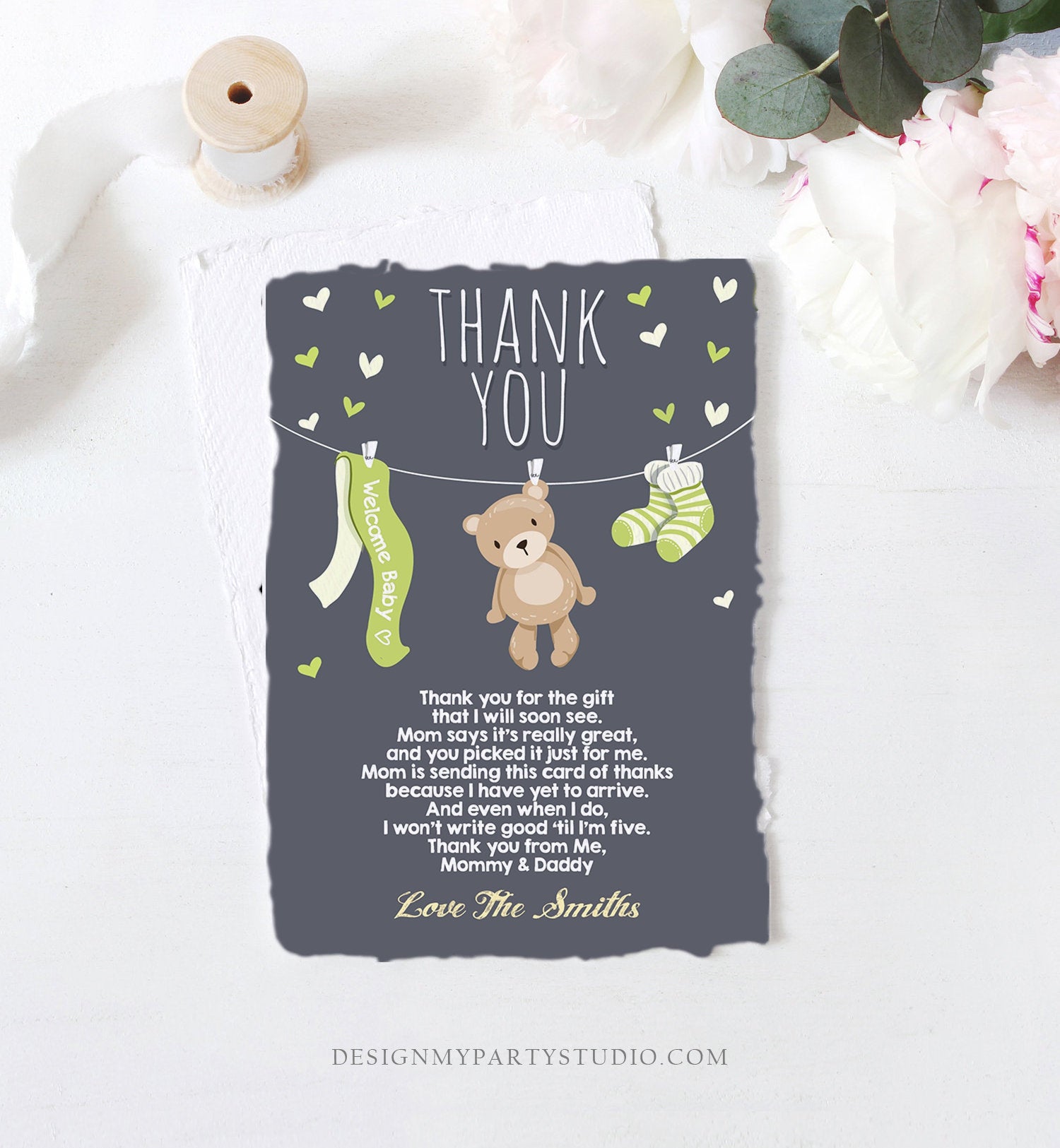 Editable Baby Shower Thank You Card Teddy Bear Thank You Note Shower Gender Neutral Green Woodland Animals Download Digital Corjl 0025